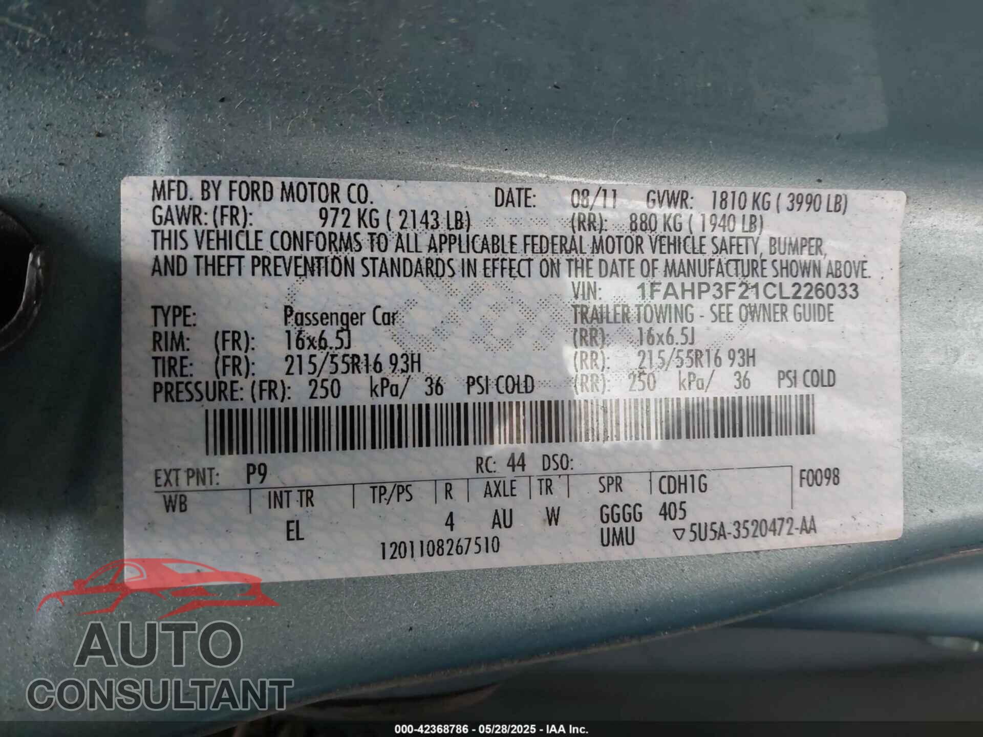 FORD FOCUS 2012 - 1FAHP3F21CL226033
