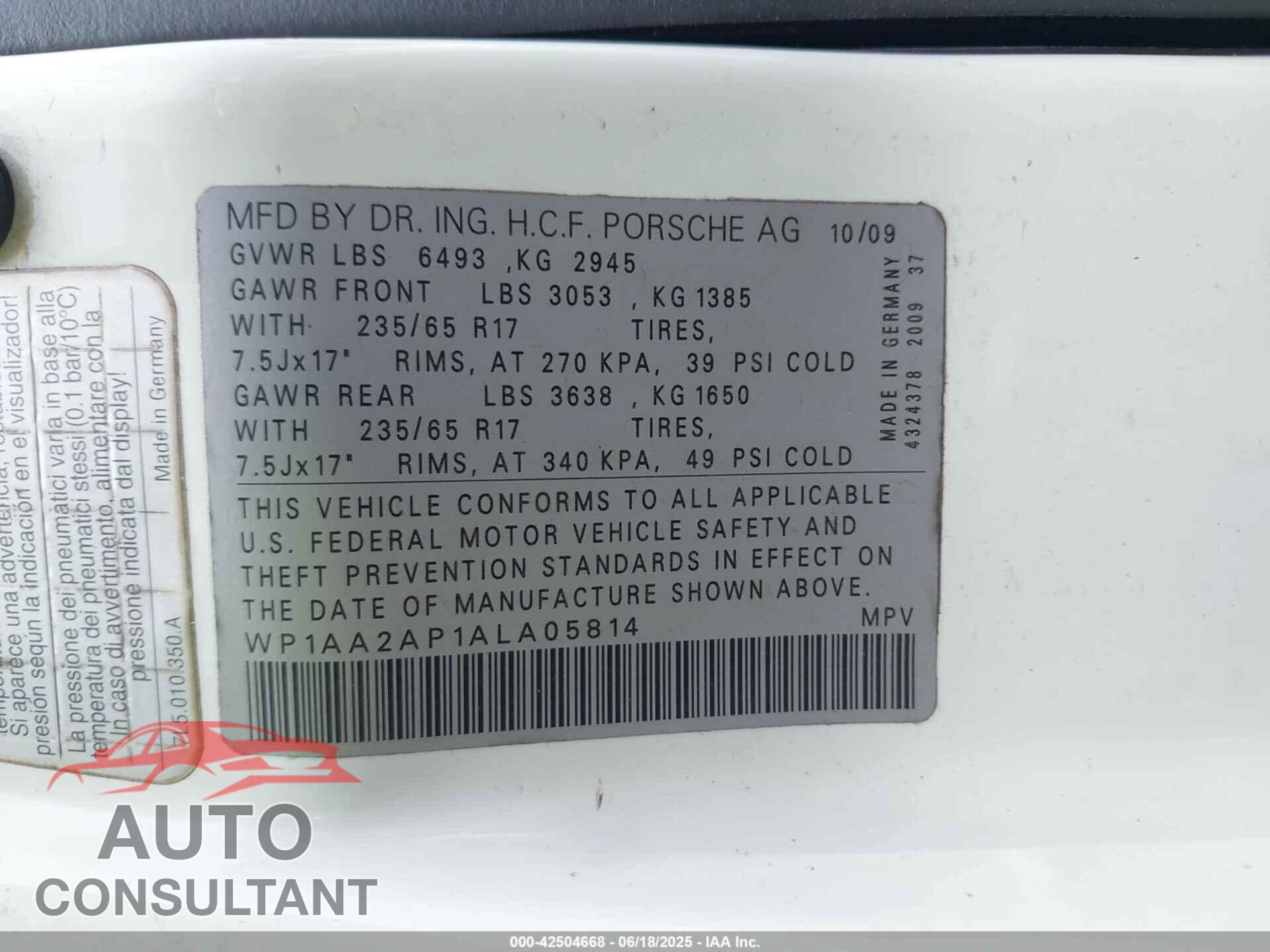 PORSCHE CAYENNE 2010 - WP1AA2AP1ALA05814