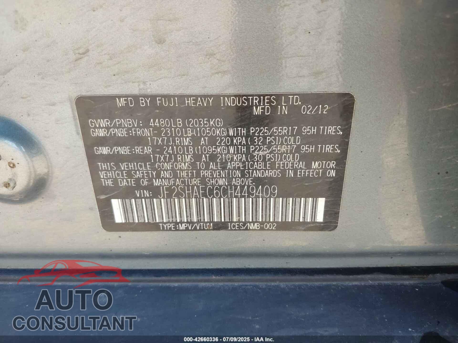 SUBARU FORESTER 2012 - JF2SHAEC6CH449409