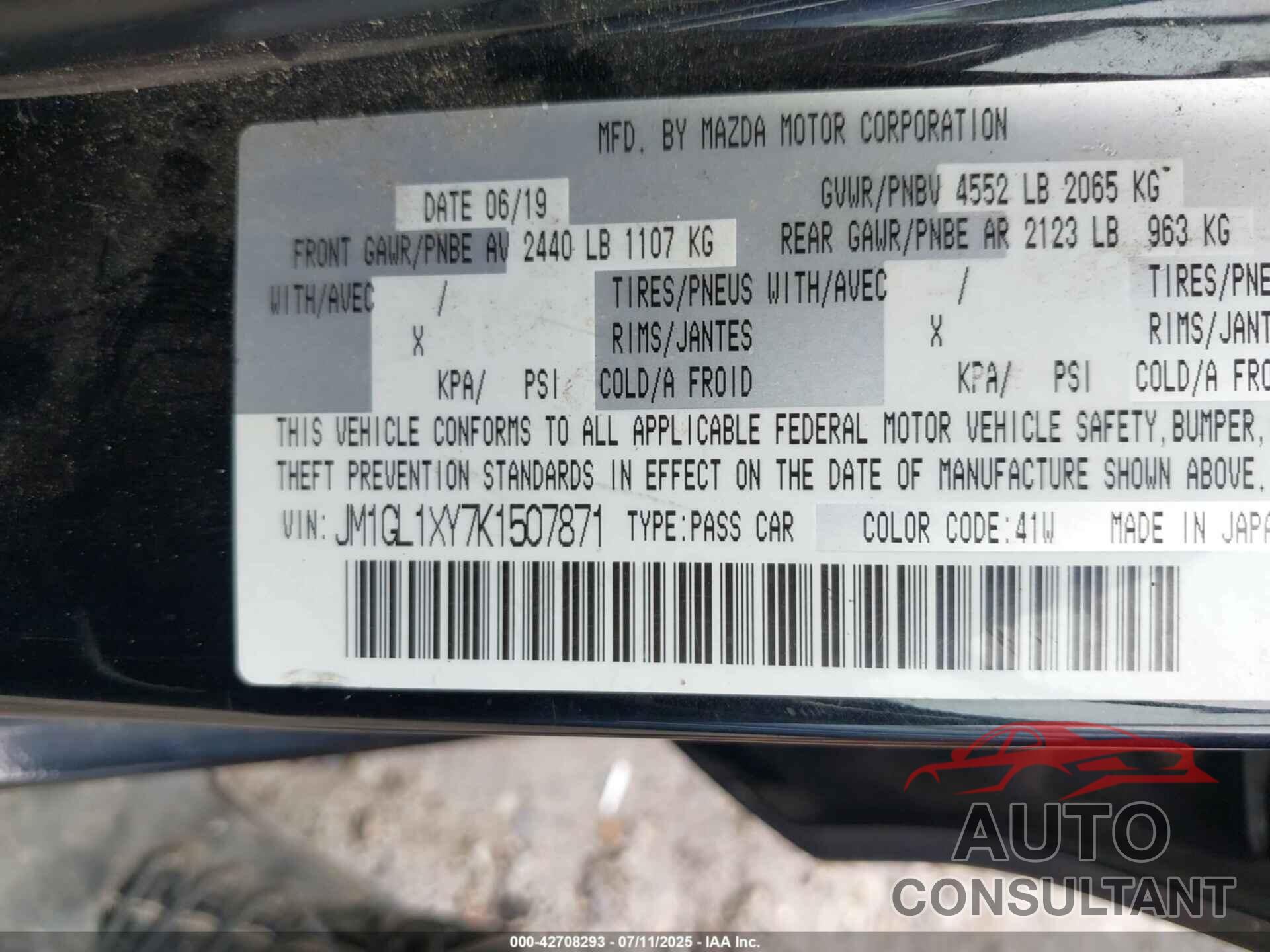 MAZDA MAZDA6 2019 - JM1GL1XY7K1507871