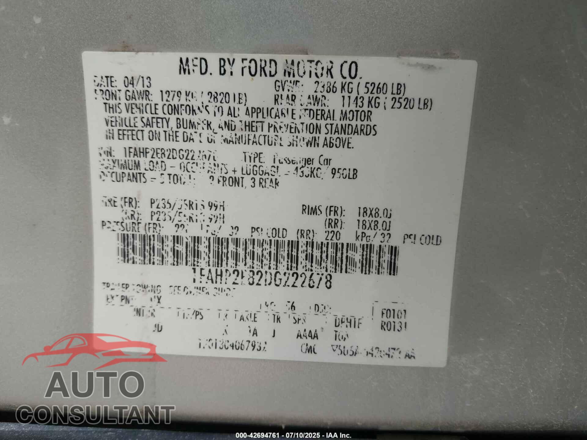 FORD TAURUS 2013 - 1FAHP2E82DG222678