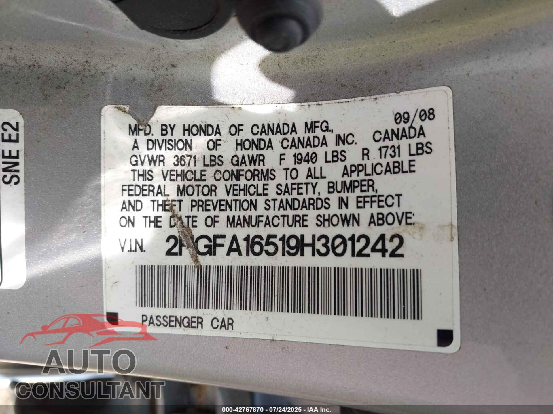 HONDA CIVIC 2009 - 2HGFA16519H301242
