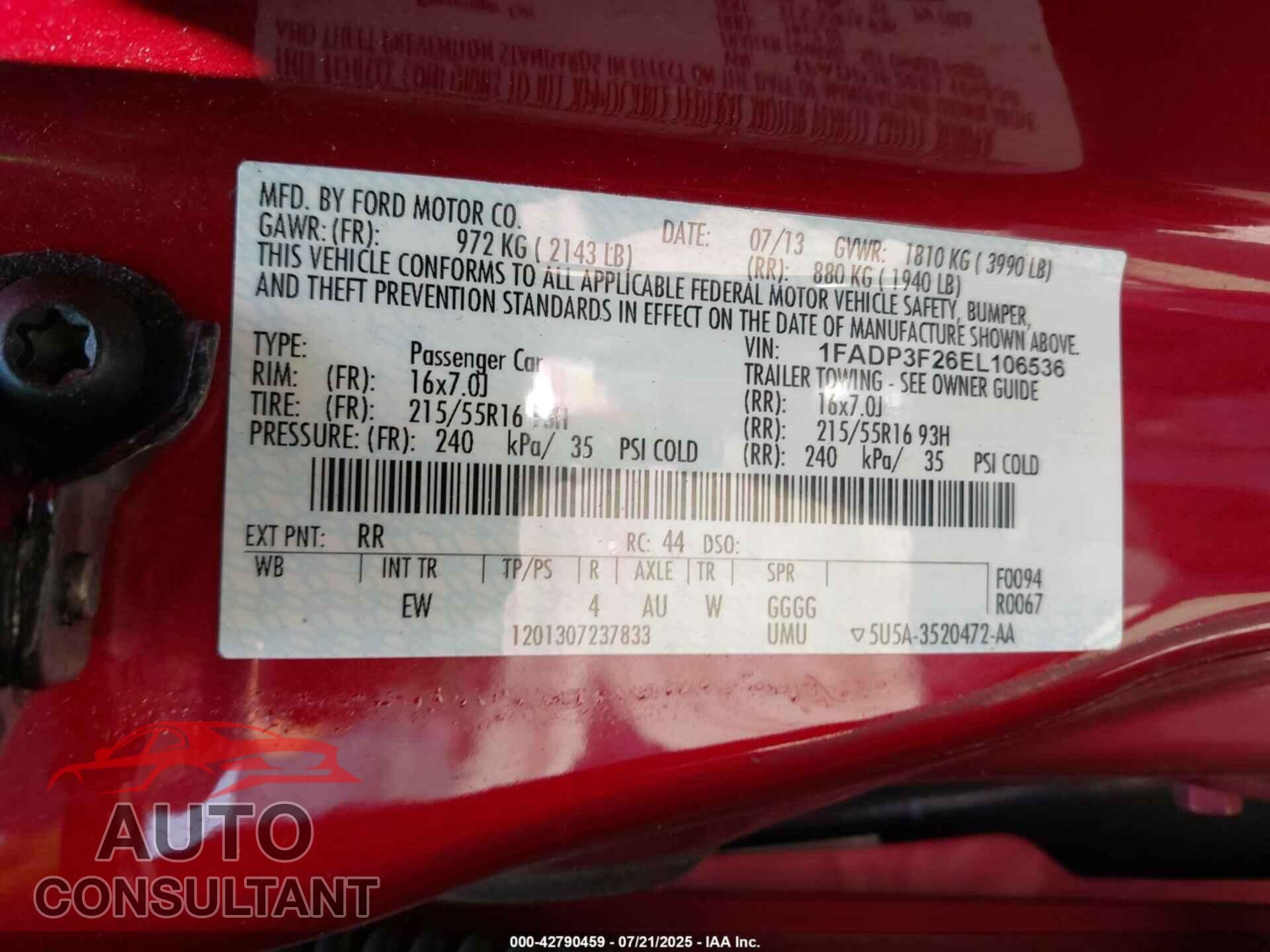 FORD FOCUS 2014 - 1FADP3F26EL106536