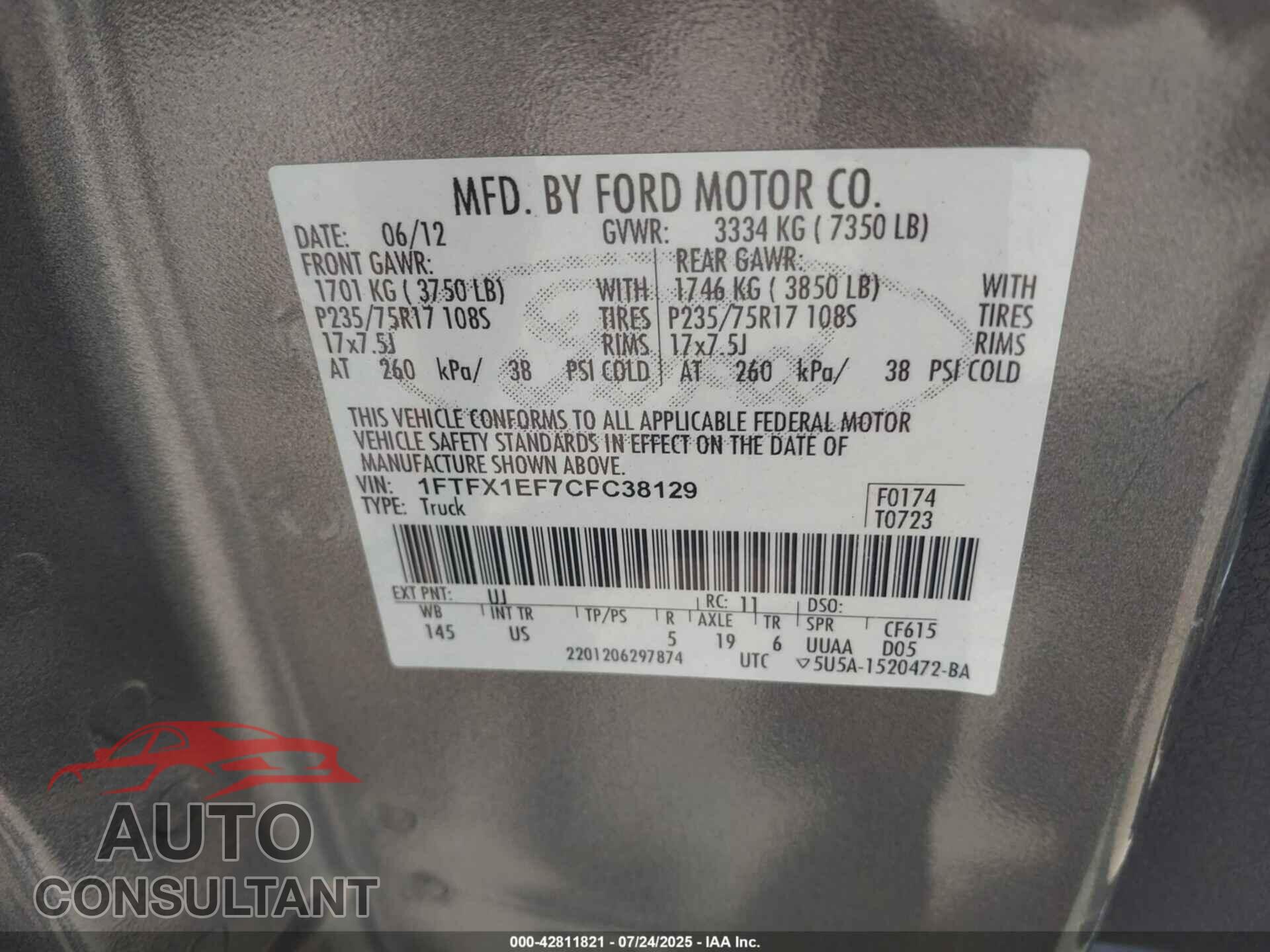 FORD F150 2012 - 1FTFX1EF7CFC38129