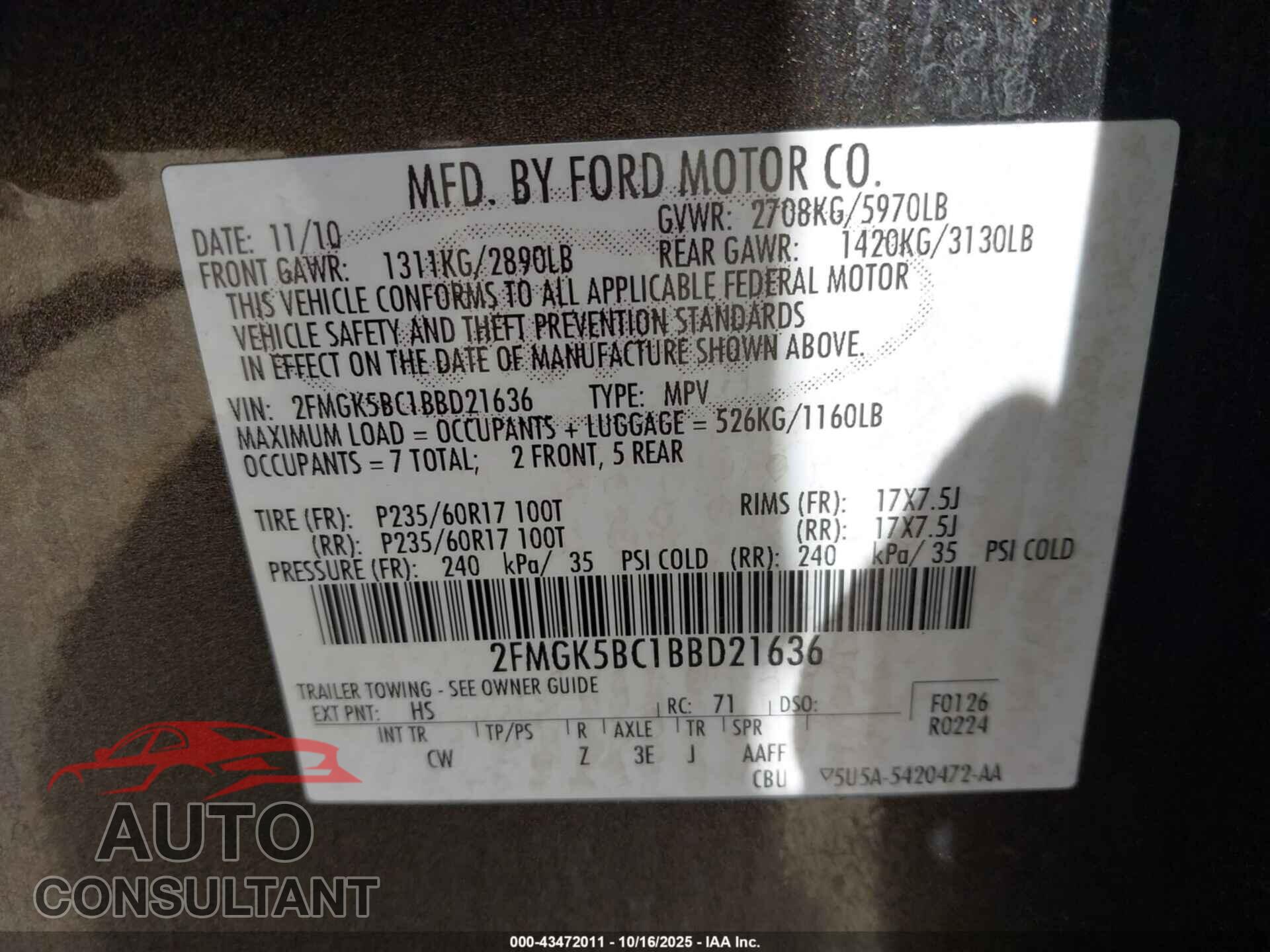 FORD FLEX 2011 - 2FMGK5BC1BBD21636