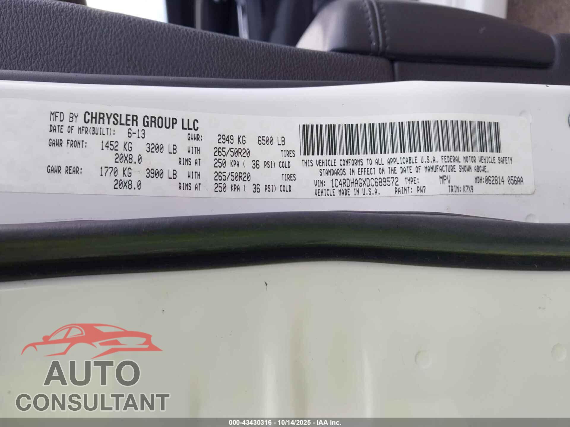 DODGE DURANGO 2013 - 1C4RDHAGXDC689572
