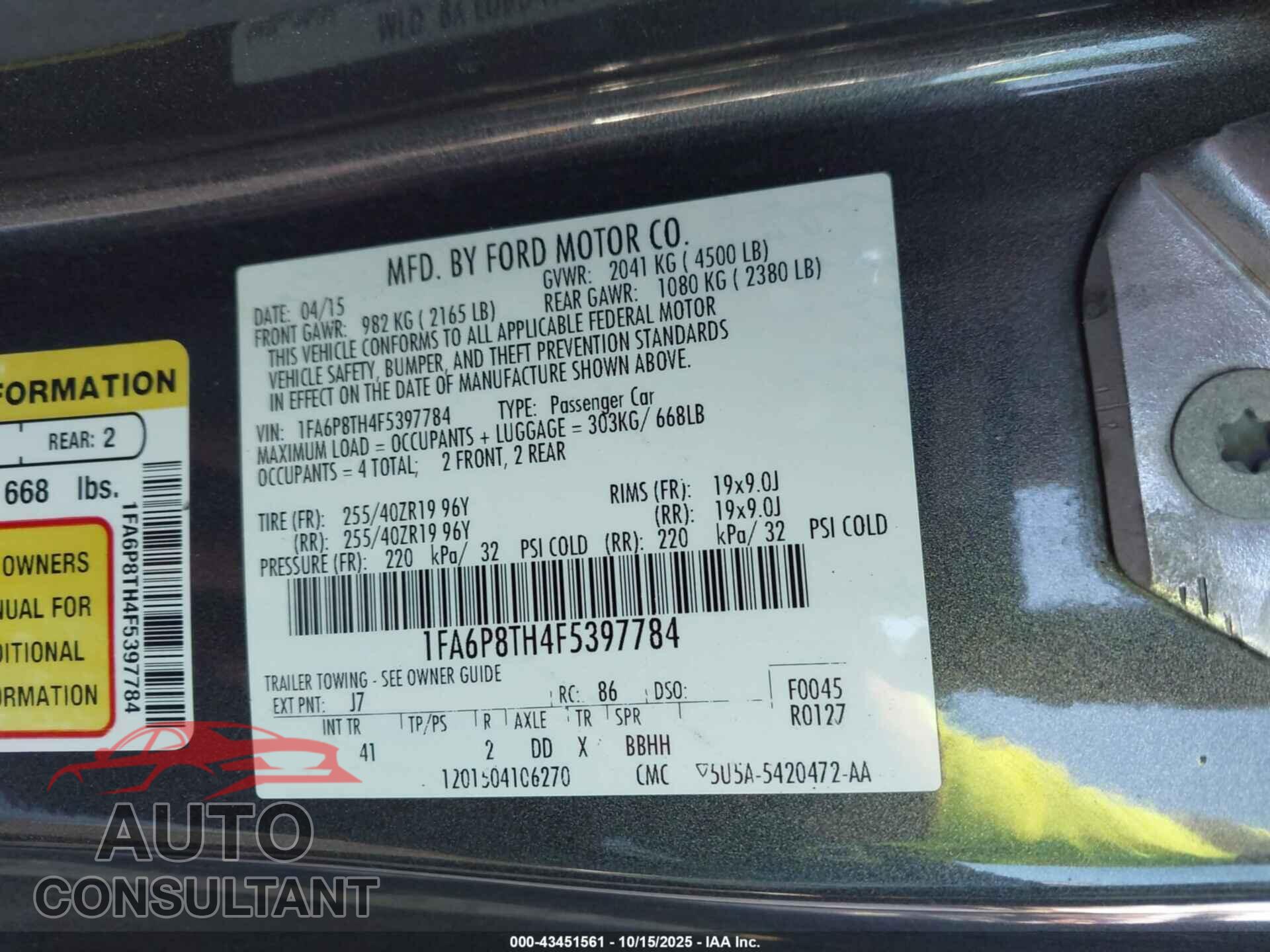 FORD MUSTANG 2015 - 1FA6P8TH4F5397784
