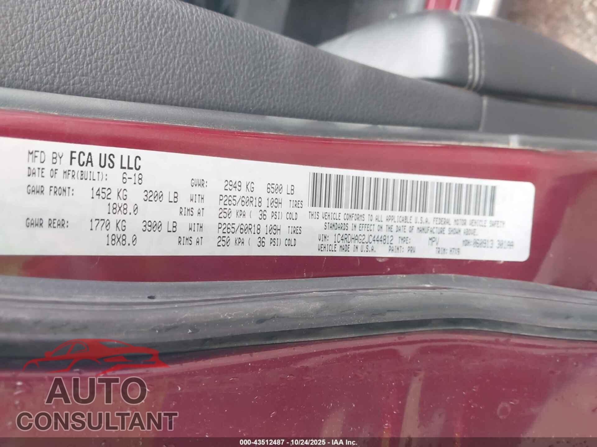 DODGE DURANGO 2018 - 1C4RDHAG2JC444812