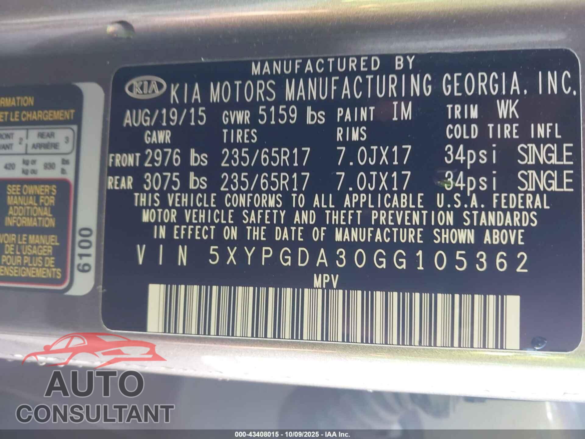 KIA SORENTO 2016 - 5XYPGDA30GG105362