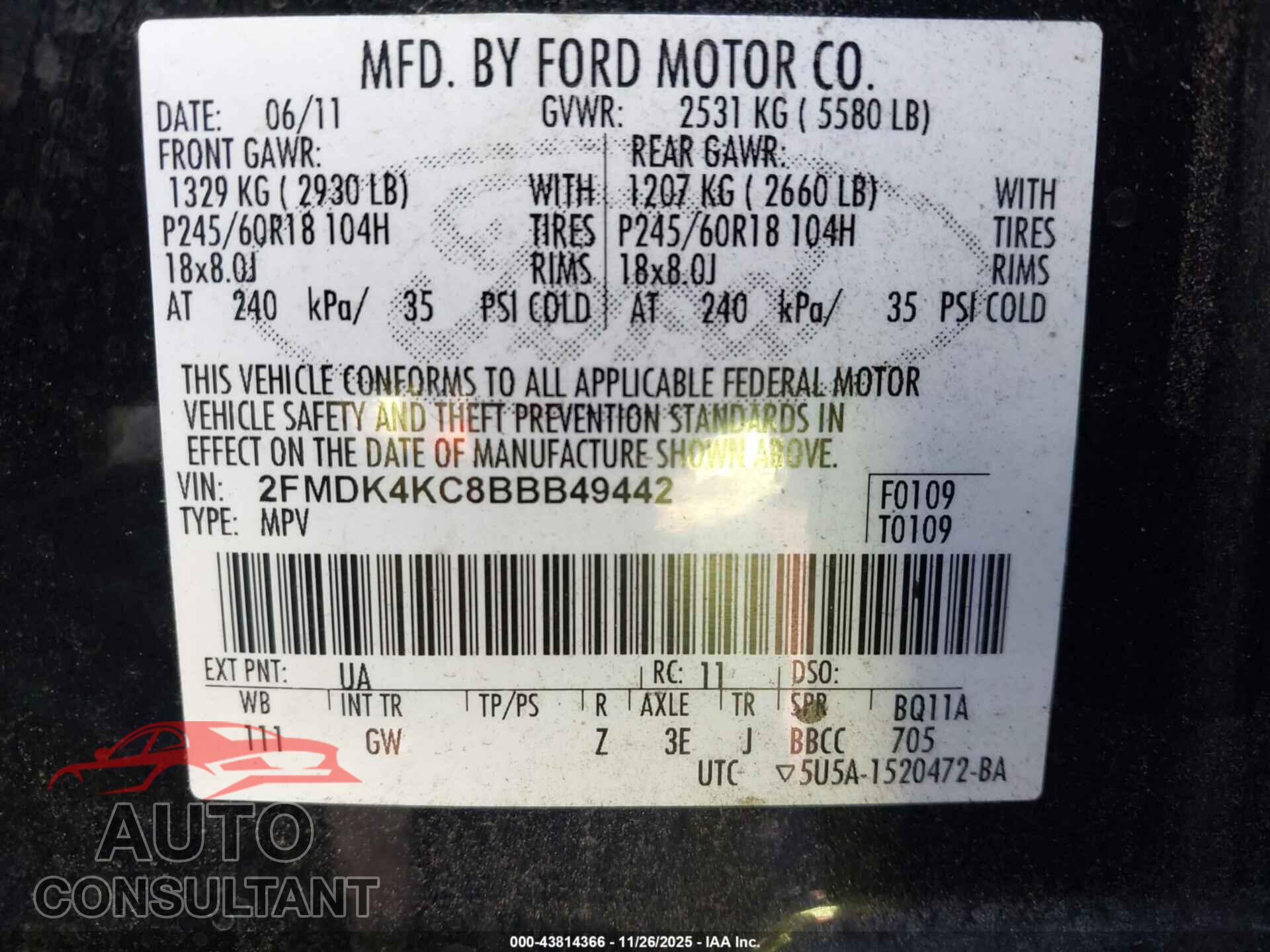 FORD EDGE 2011 - 2FMDK4KC8BBB49442