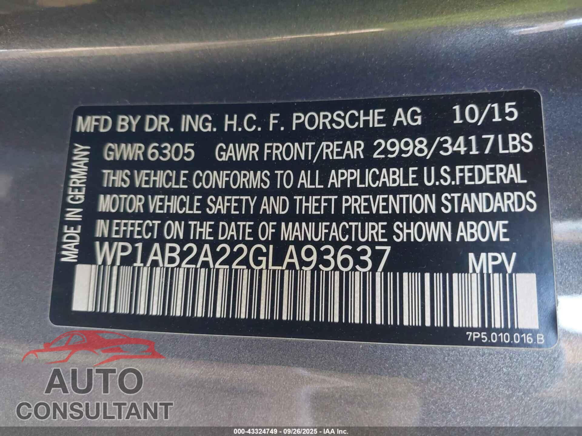 PORSCHE CAYENNE 2016 - WP1AB2A22GLA93637