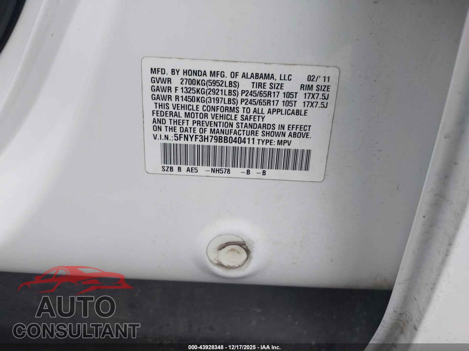 HONDA PILOT 2011 - 5FNYF3H79BB040411