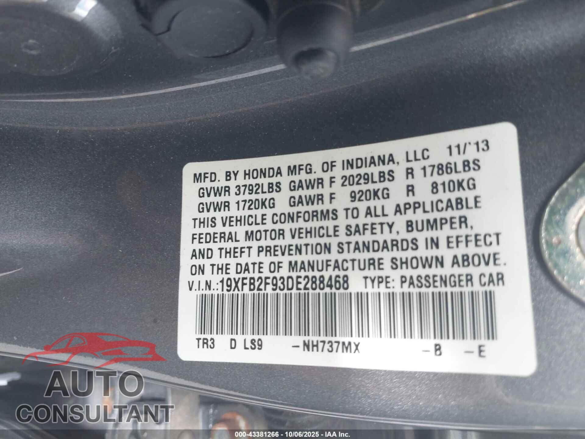 HONDA CIVIC 2013 - 19XFB2F93DE288468