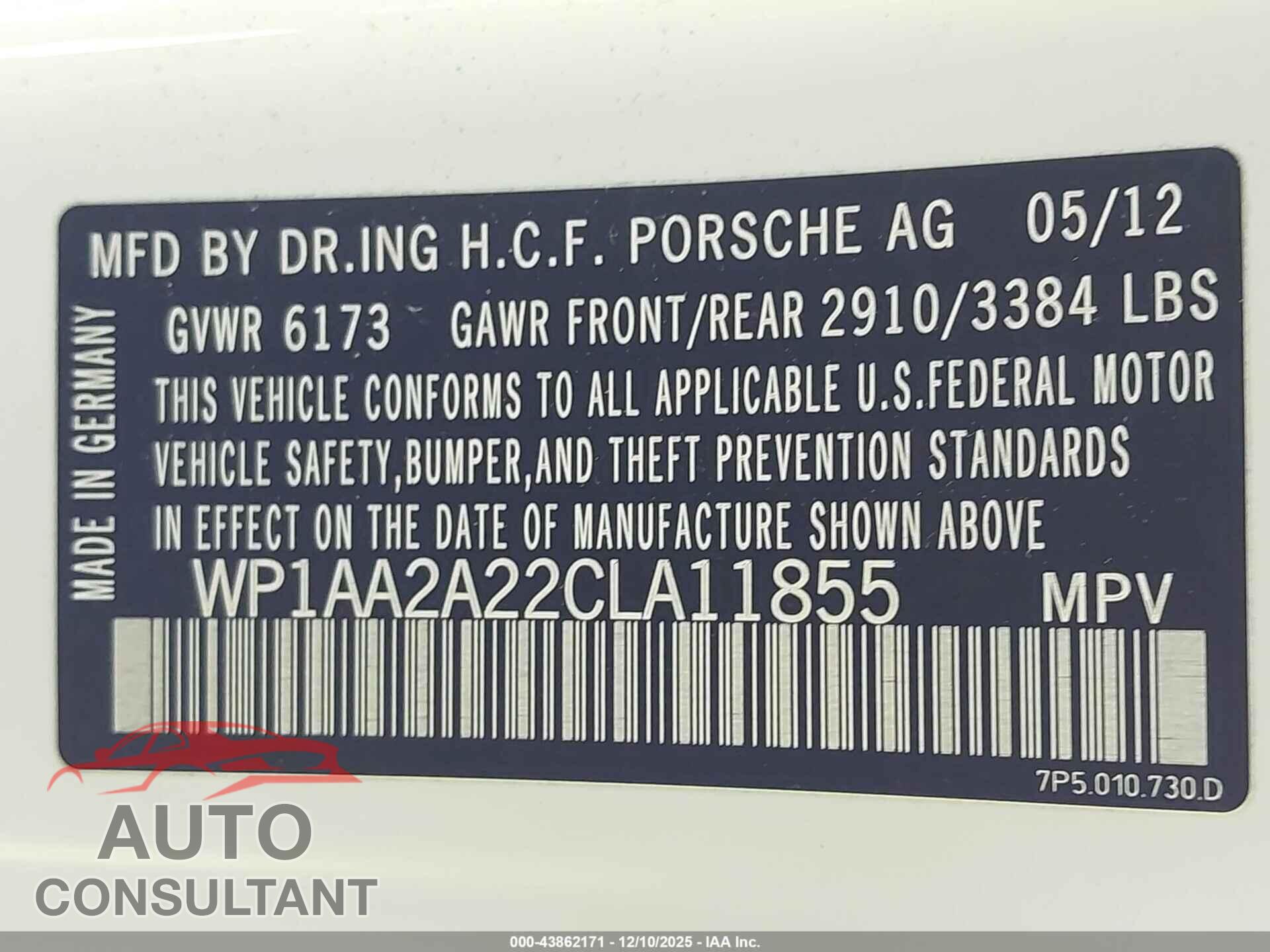PORSCHE CAYENNE 2012 - WP1AA2A22CLA11855