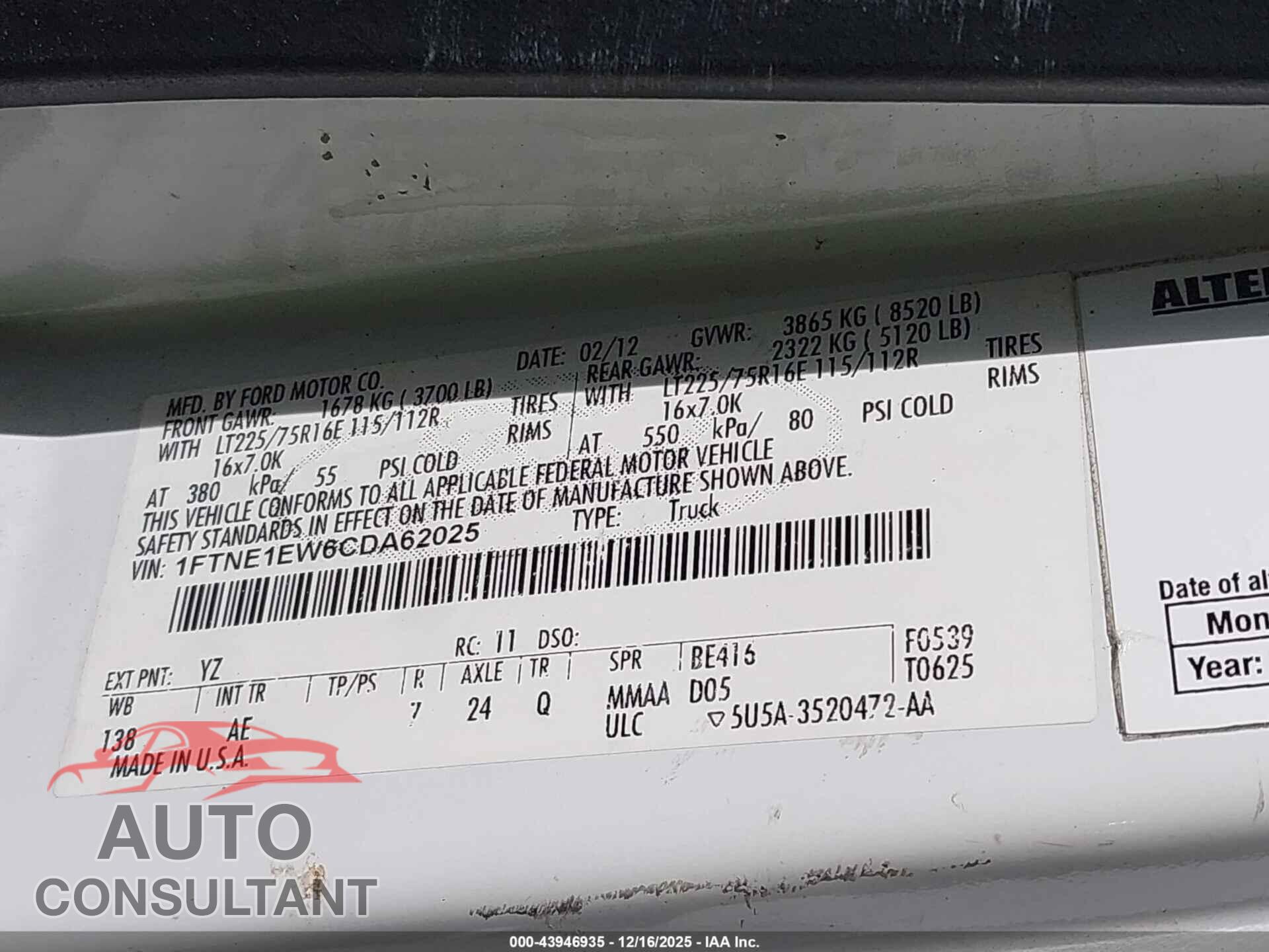 FORD E-150 2012 - 1FTNE1EW6CDA62025