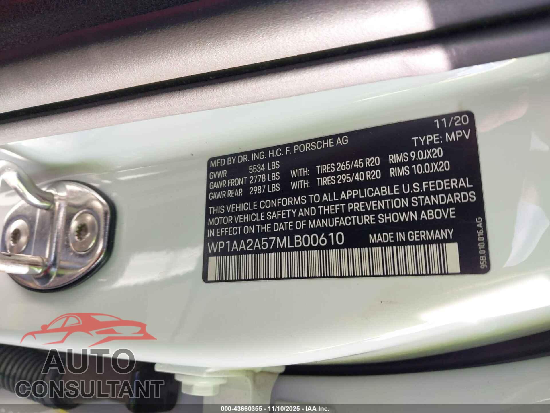 PORSCHE MACAN 2021 - WP1AA2A57MLB00610