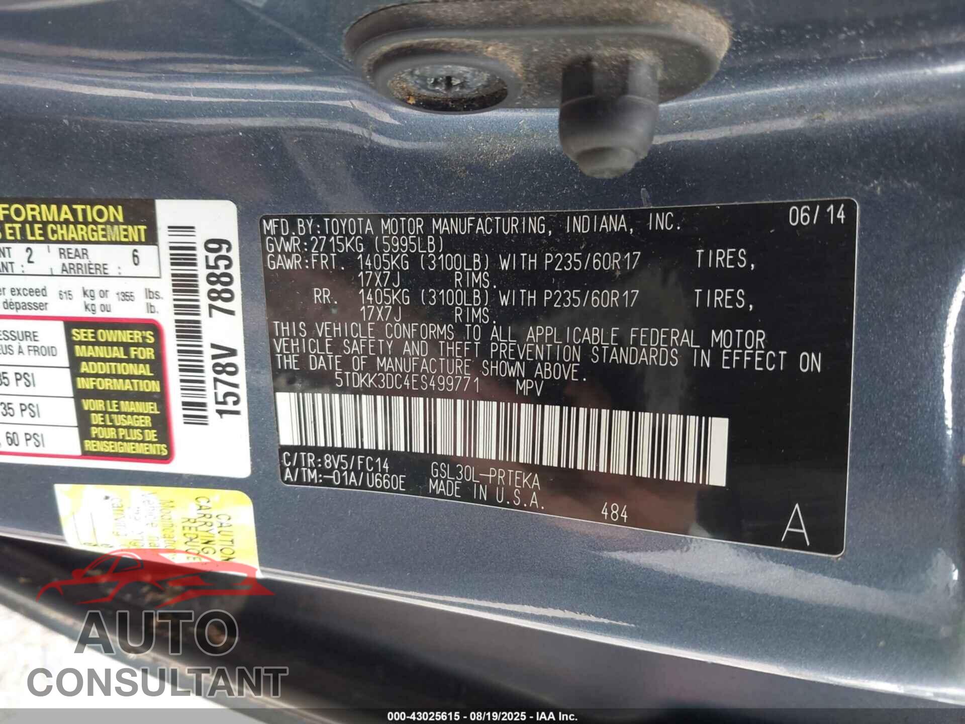 TOYOTA SIENNA 2014 - 5TDKK3DC4ES499771