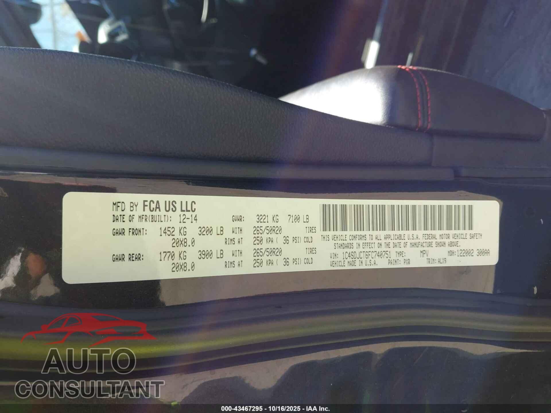 DODGE DURANGO 2015 - 1C4SDJCT6FC740751