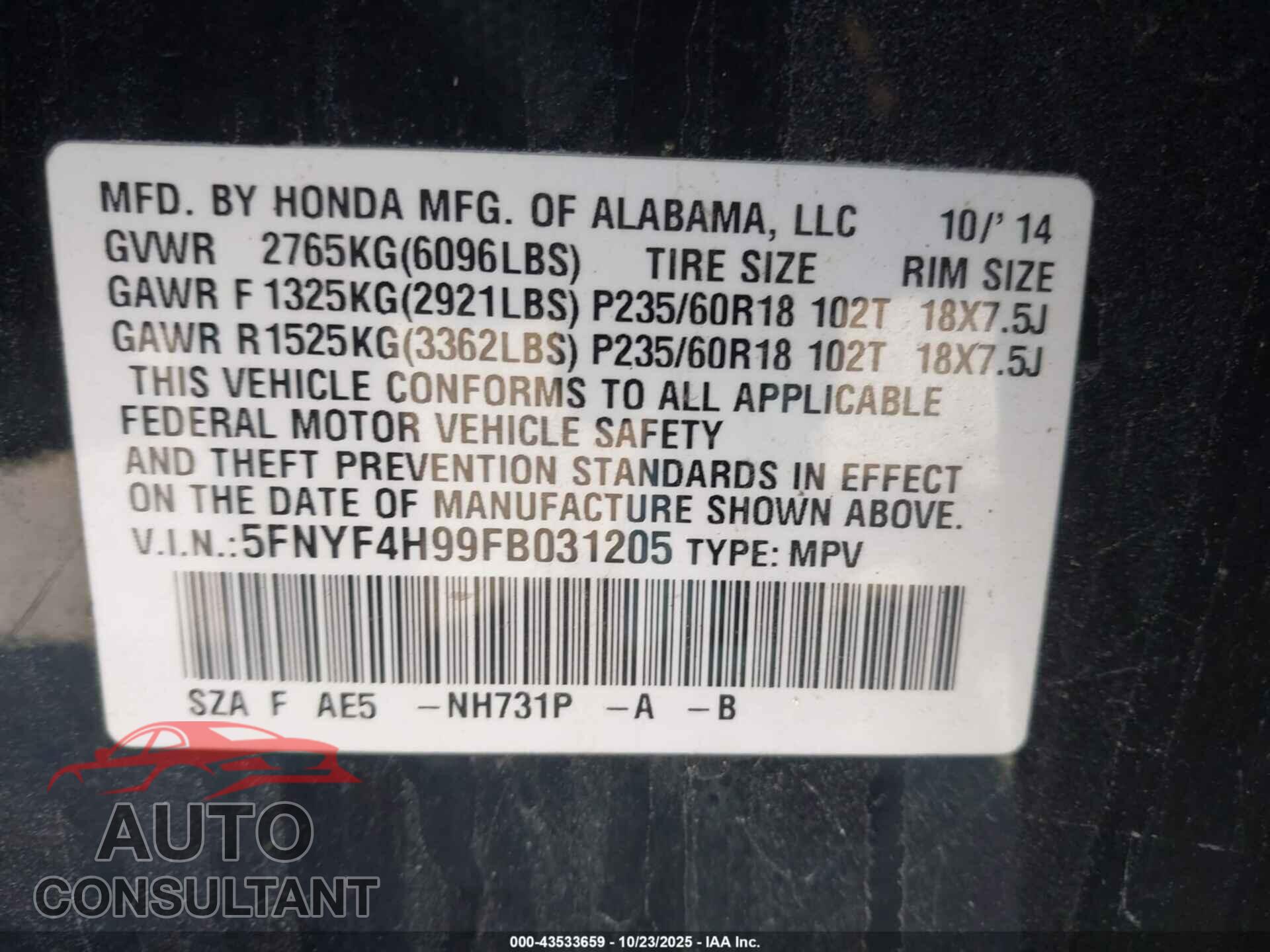HONDA PILOT 2015 - 5FNYF4H99FB031205
