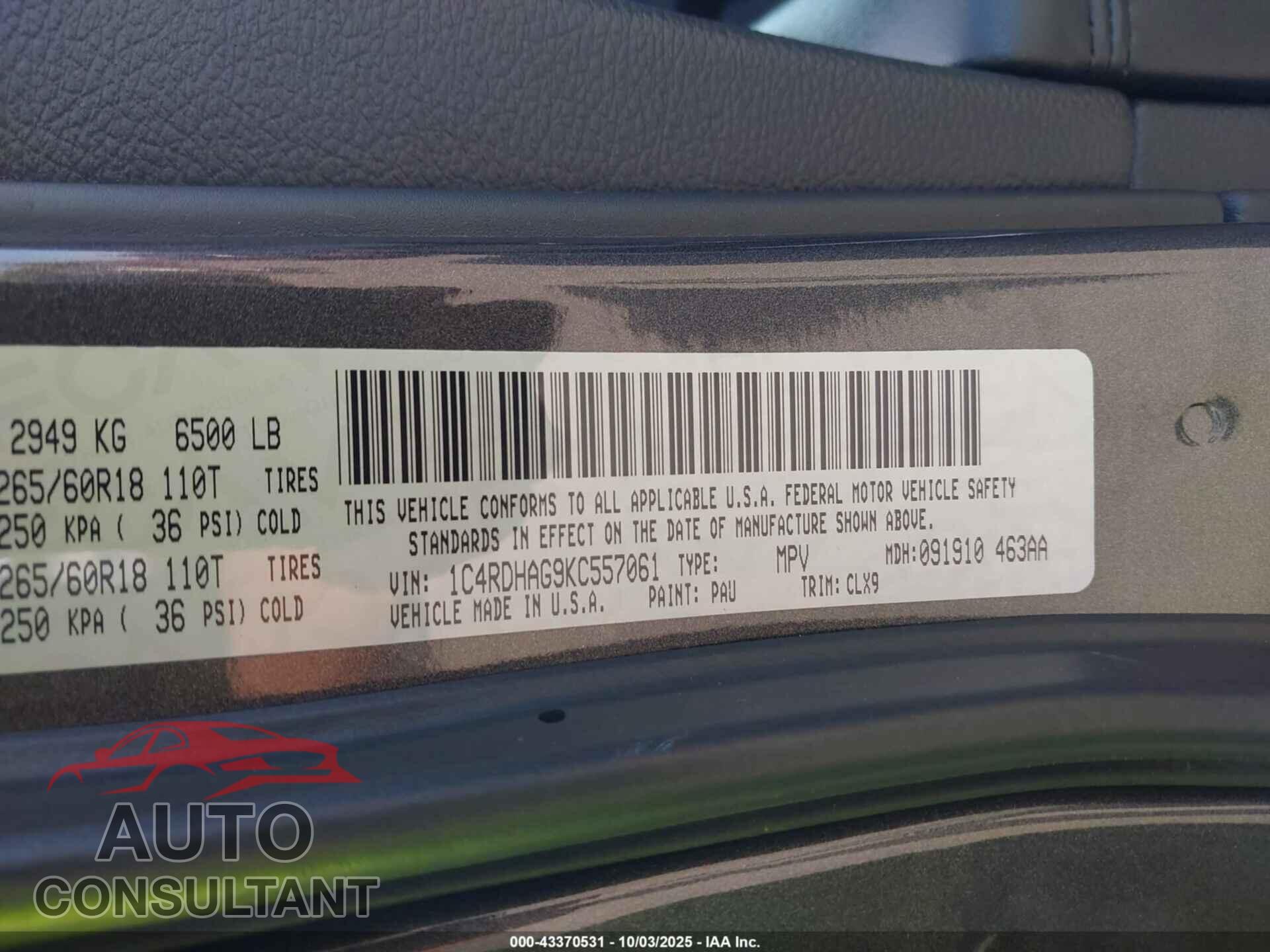 DODGE DURANGO 2019 - 1C4RDHAG9KC557061