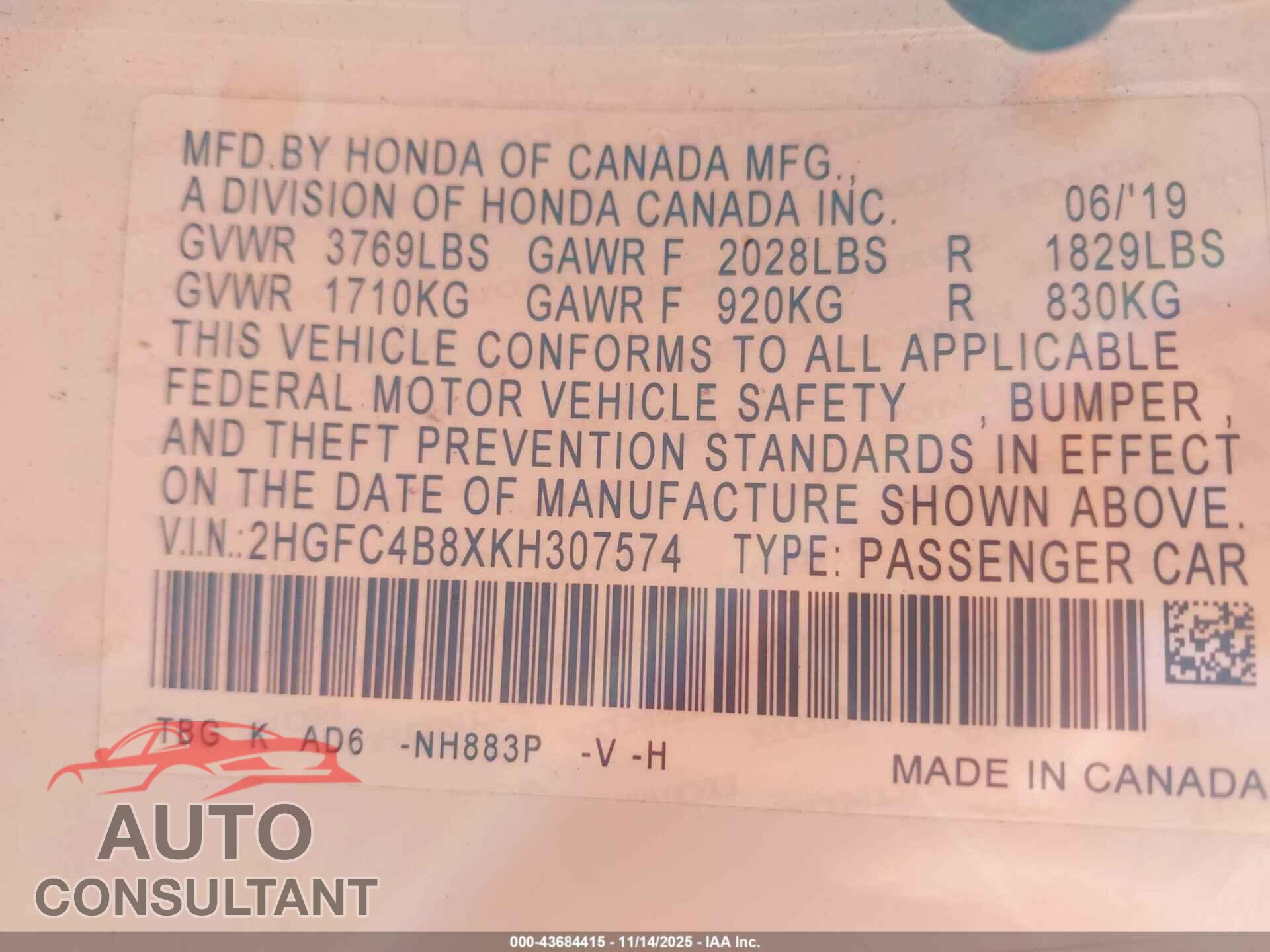 HONDA CIVIC 2019 - 2HGFC4B8XKH307574