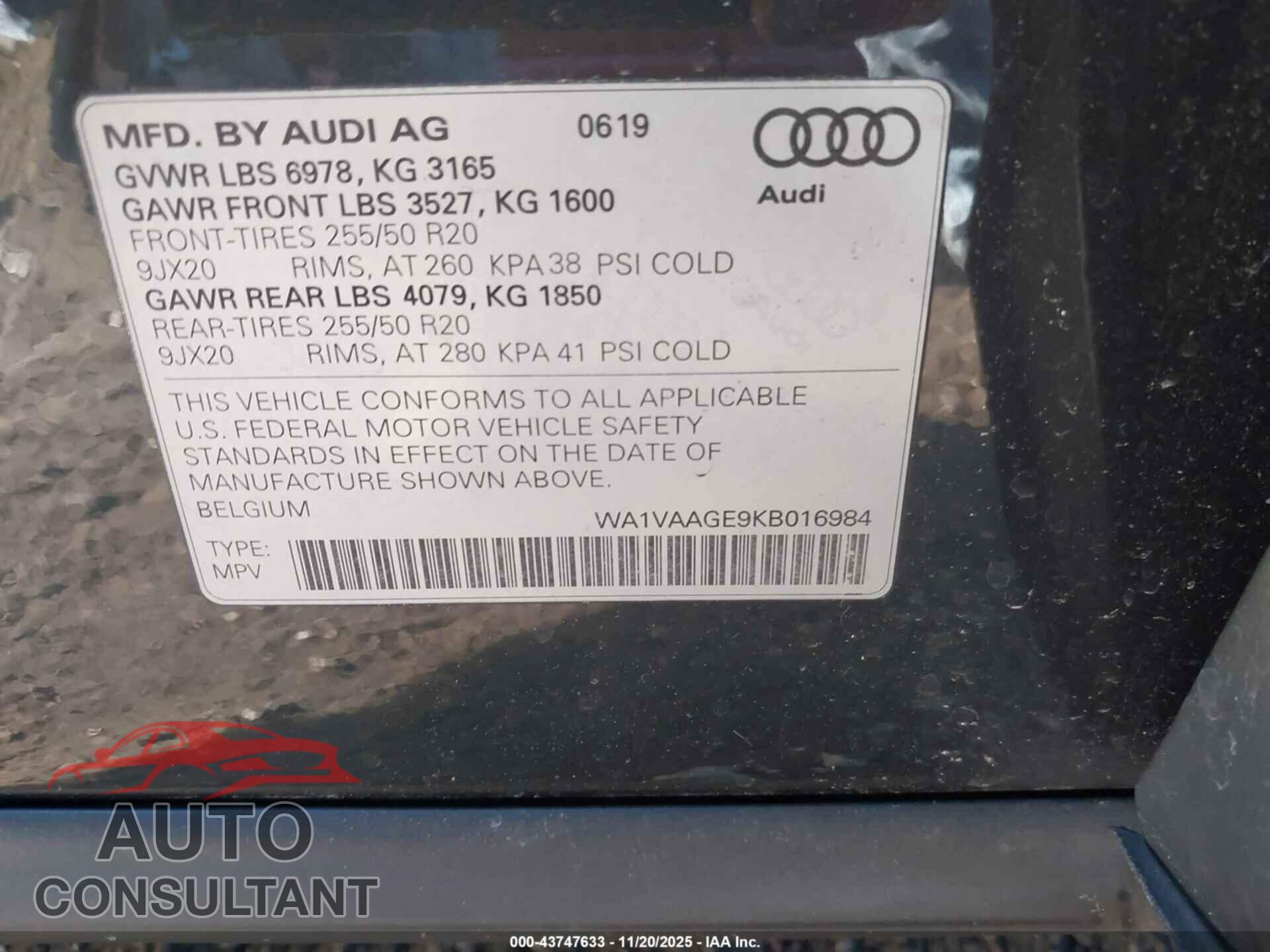AUDI E-TRON 2019 - WA1VAAGE9KB016984
