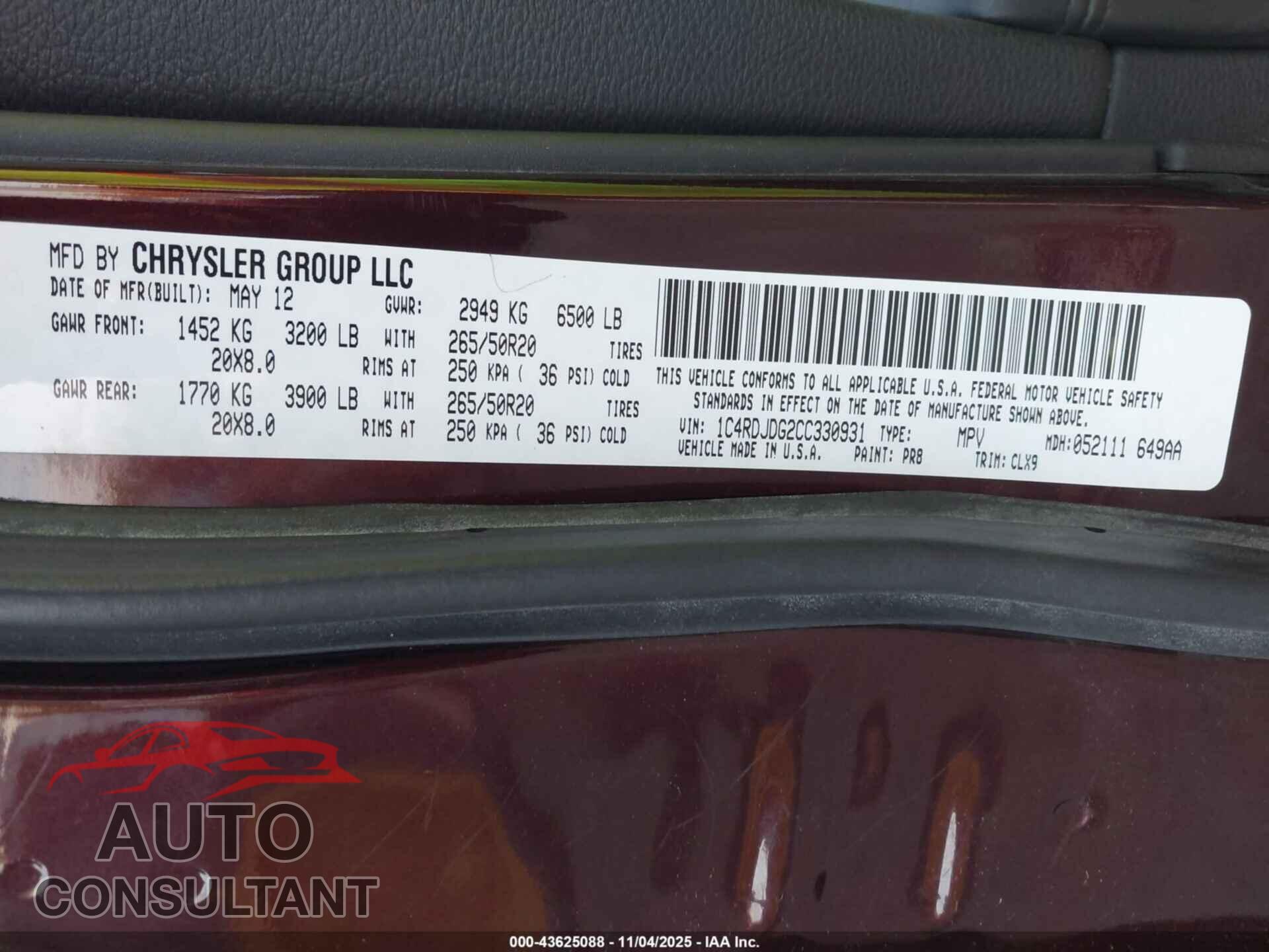 DODGE DURANGO 2012 - 1C4RDJDG2CC330931