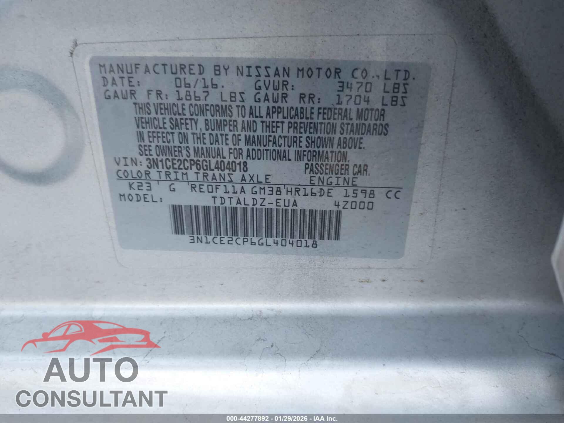 NISSAN VERSA NOTE 2016 - 3N1CE2CP6GL404018