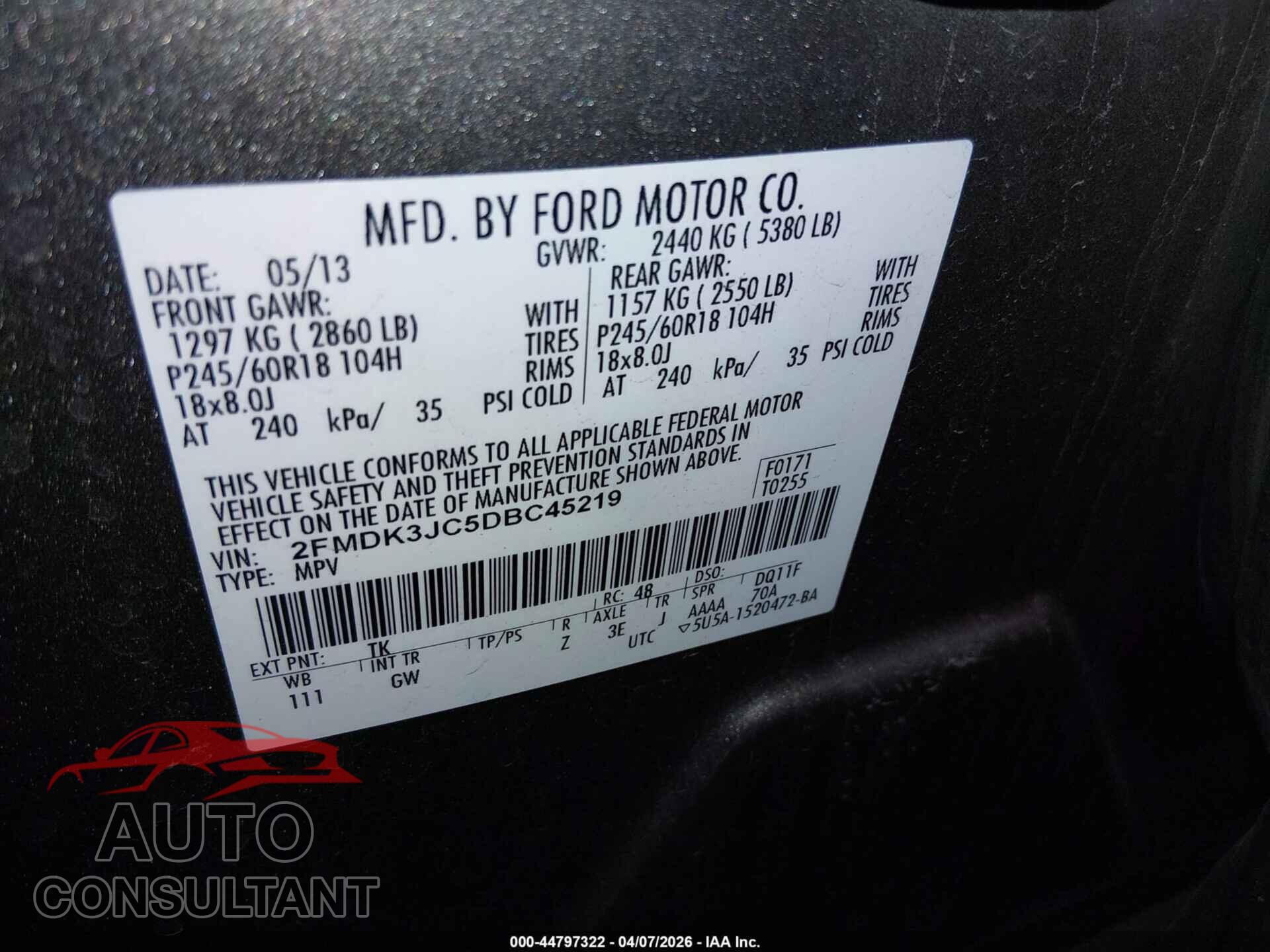 FORD EDGE 2013 - 2FMDK3JC5DBC45219