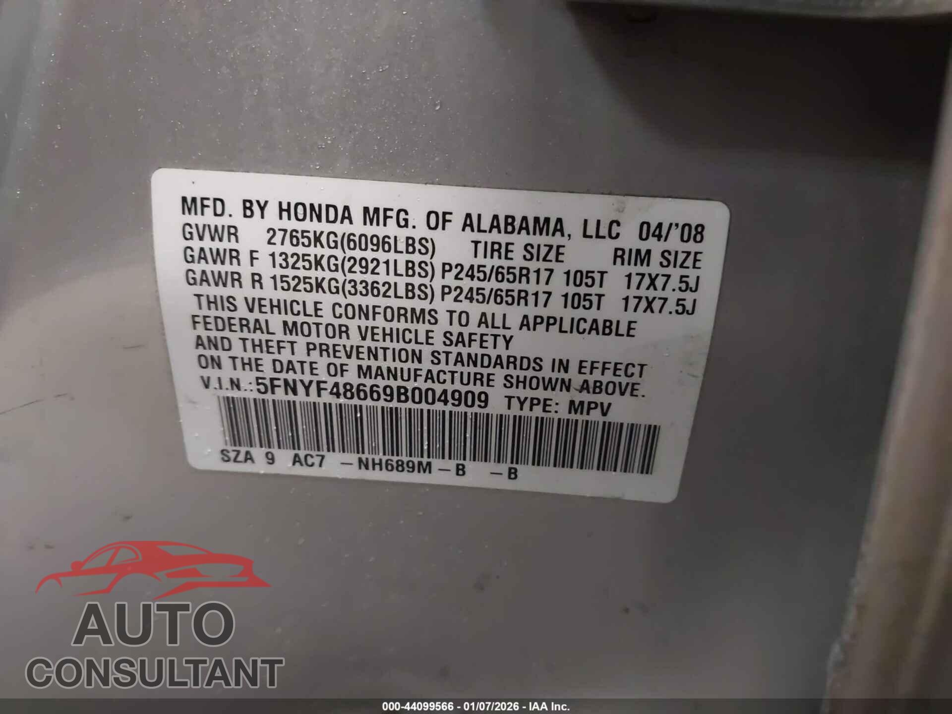 HONDA PILOT 2009 - 5FNYF48669B004909