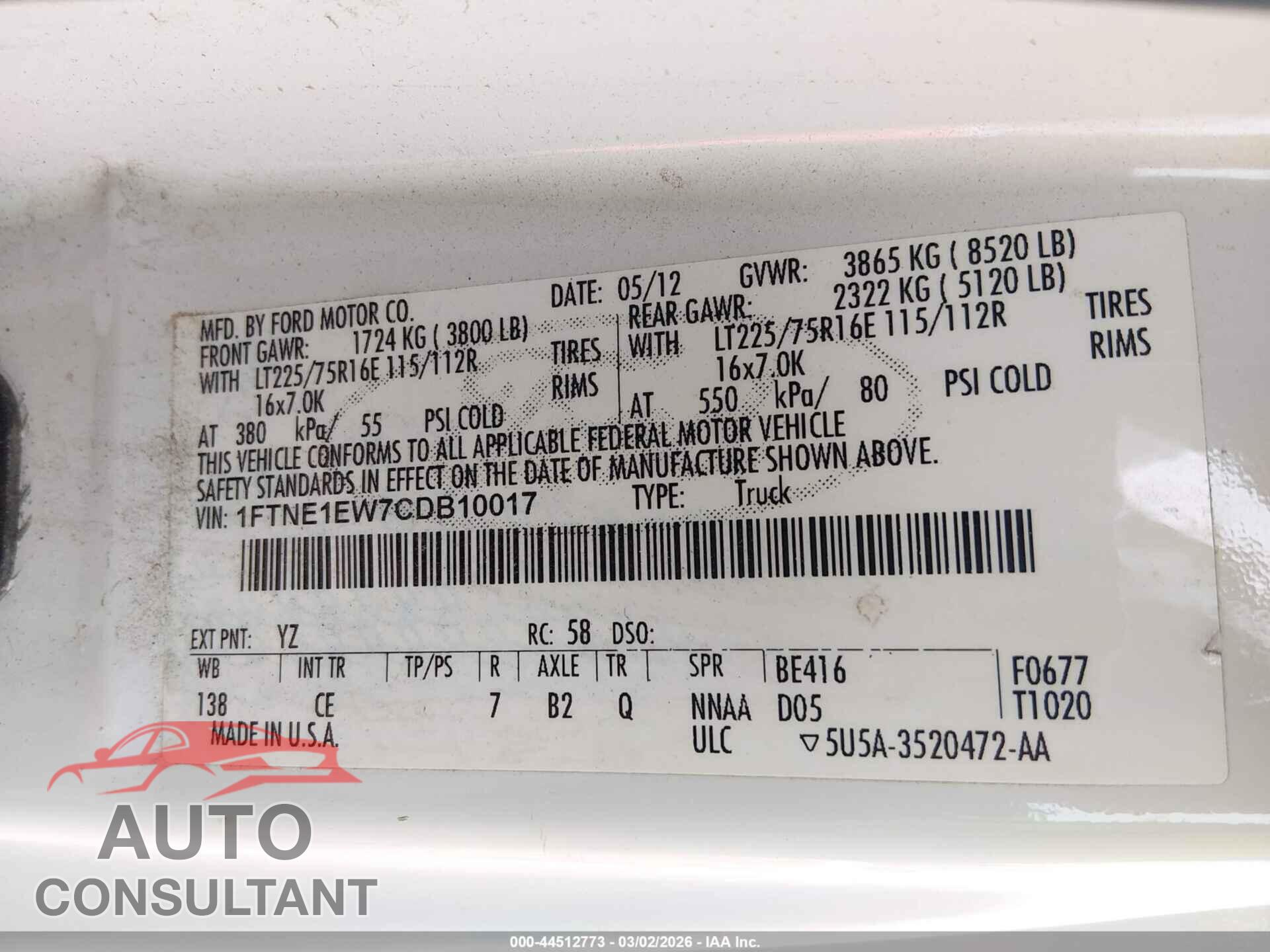 FORD E-150 2012 - 1FTNE1EW7CDB10017