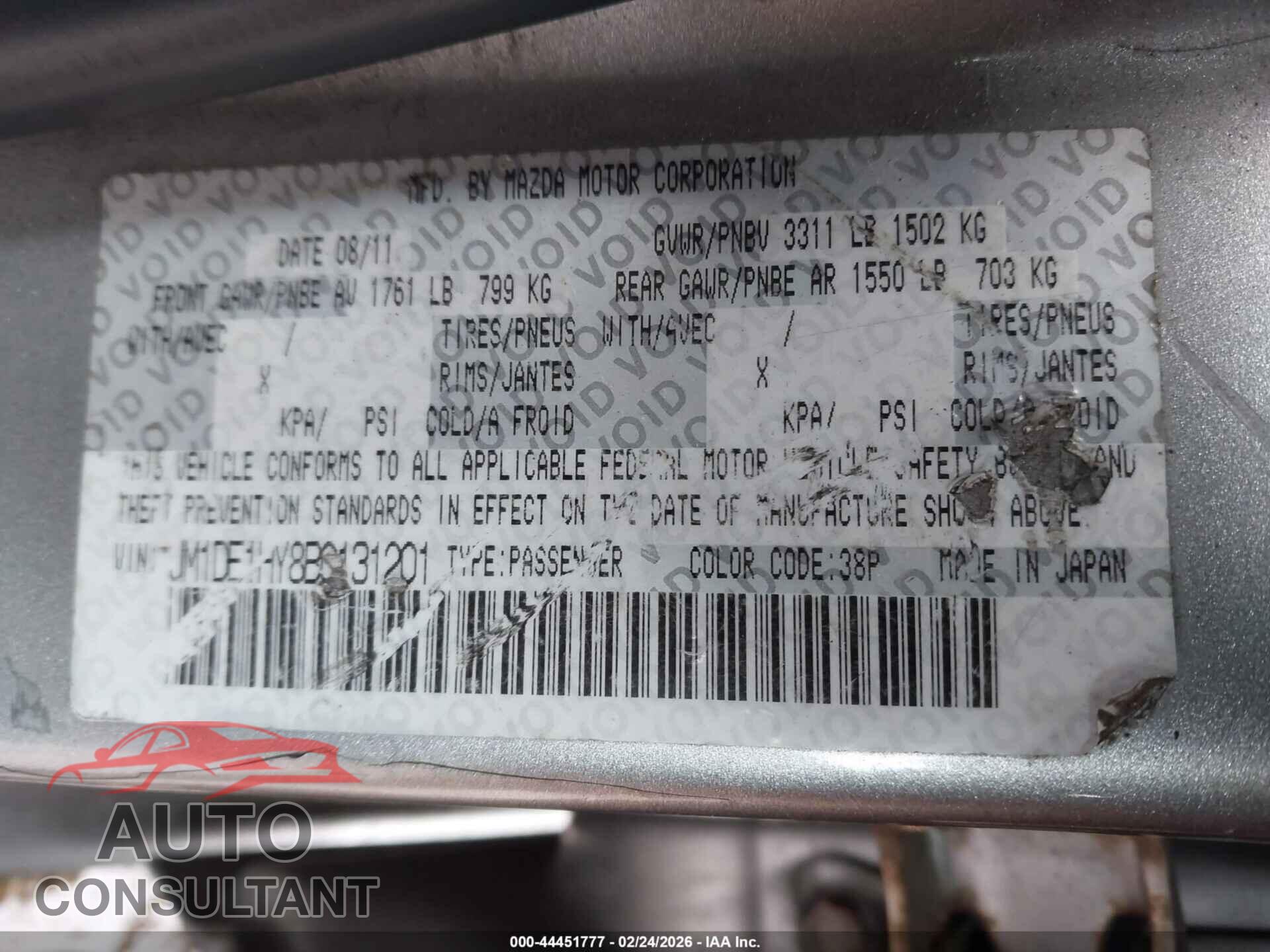 MAZDA MAZDA2 2011 - JM1DE1HY8B0131201