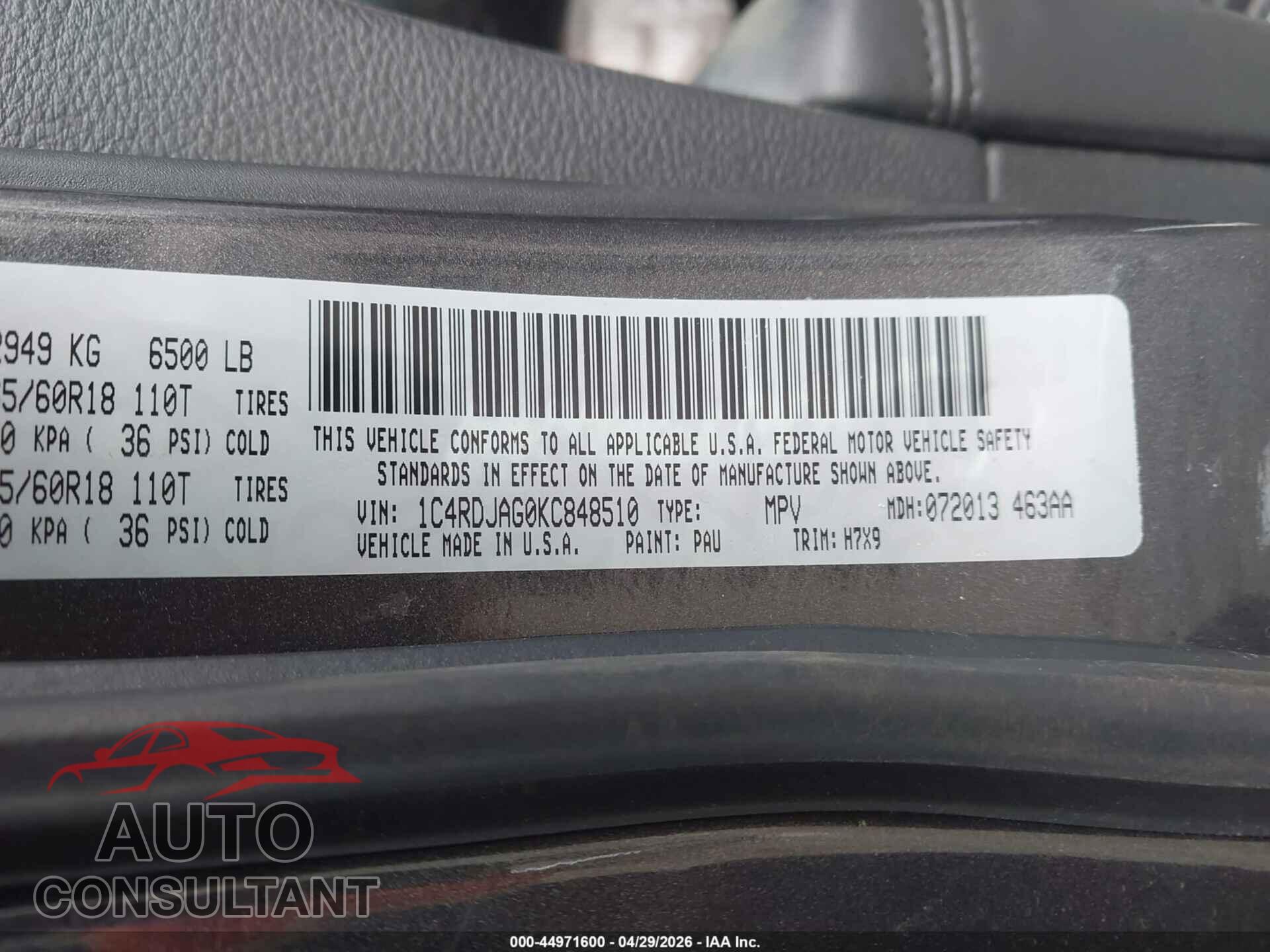 DODGE DURANGO 2019 - 1C4RDJAG0KC848510
