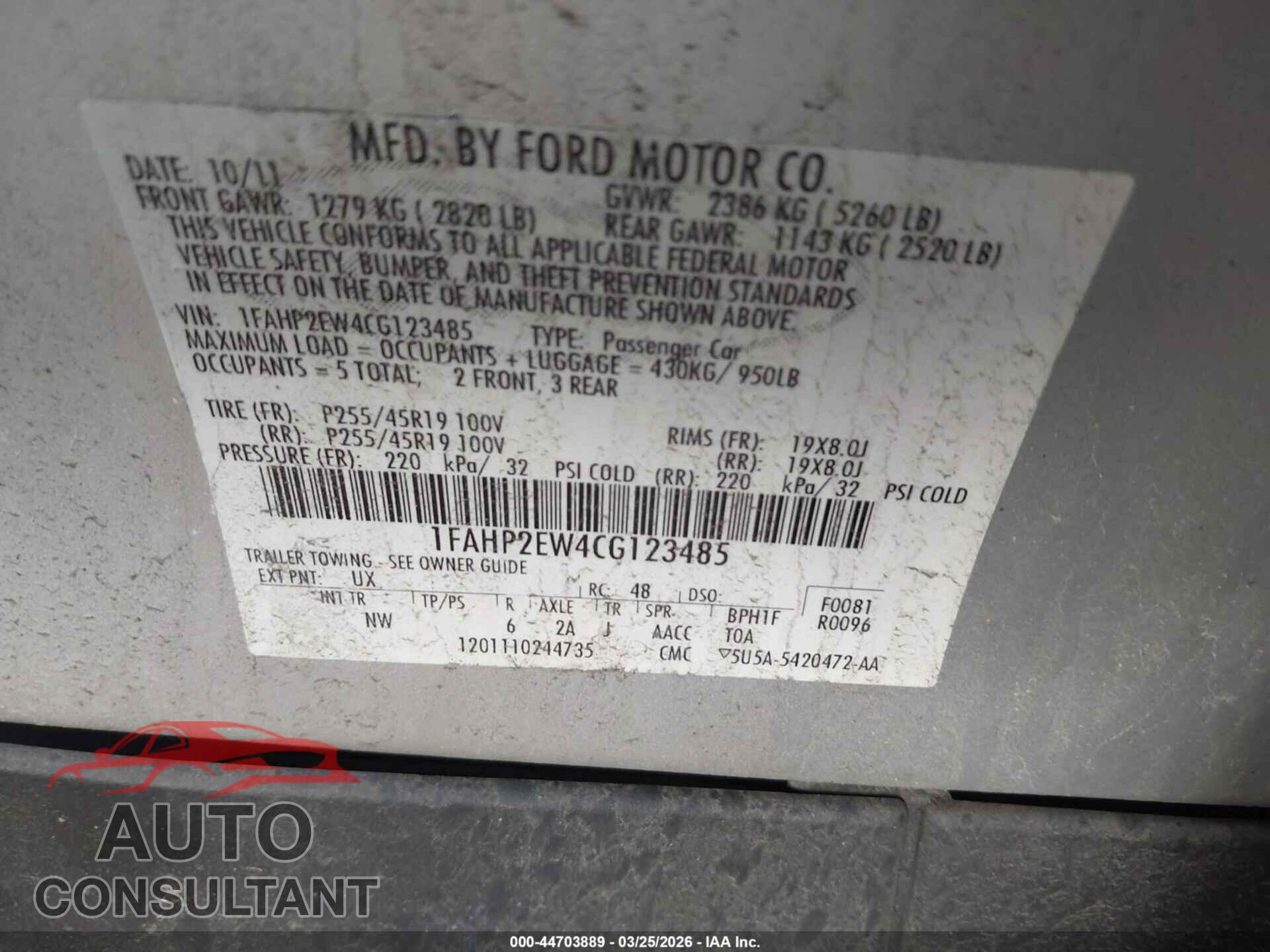 FORD TAURUS 2012 - 1FAHP2EW4CG123485