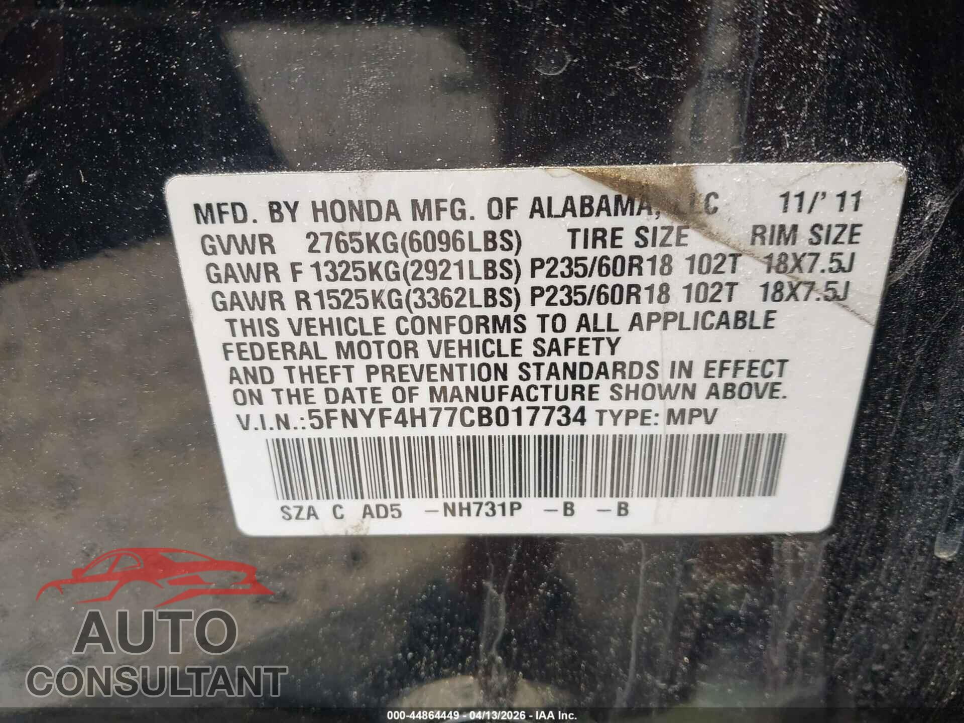 HONDA PILOT 2012 - 5FNYF4H77CB017734