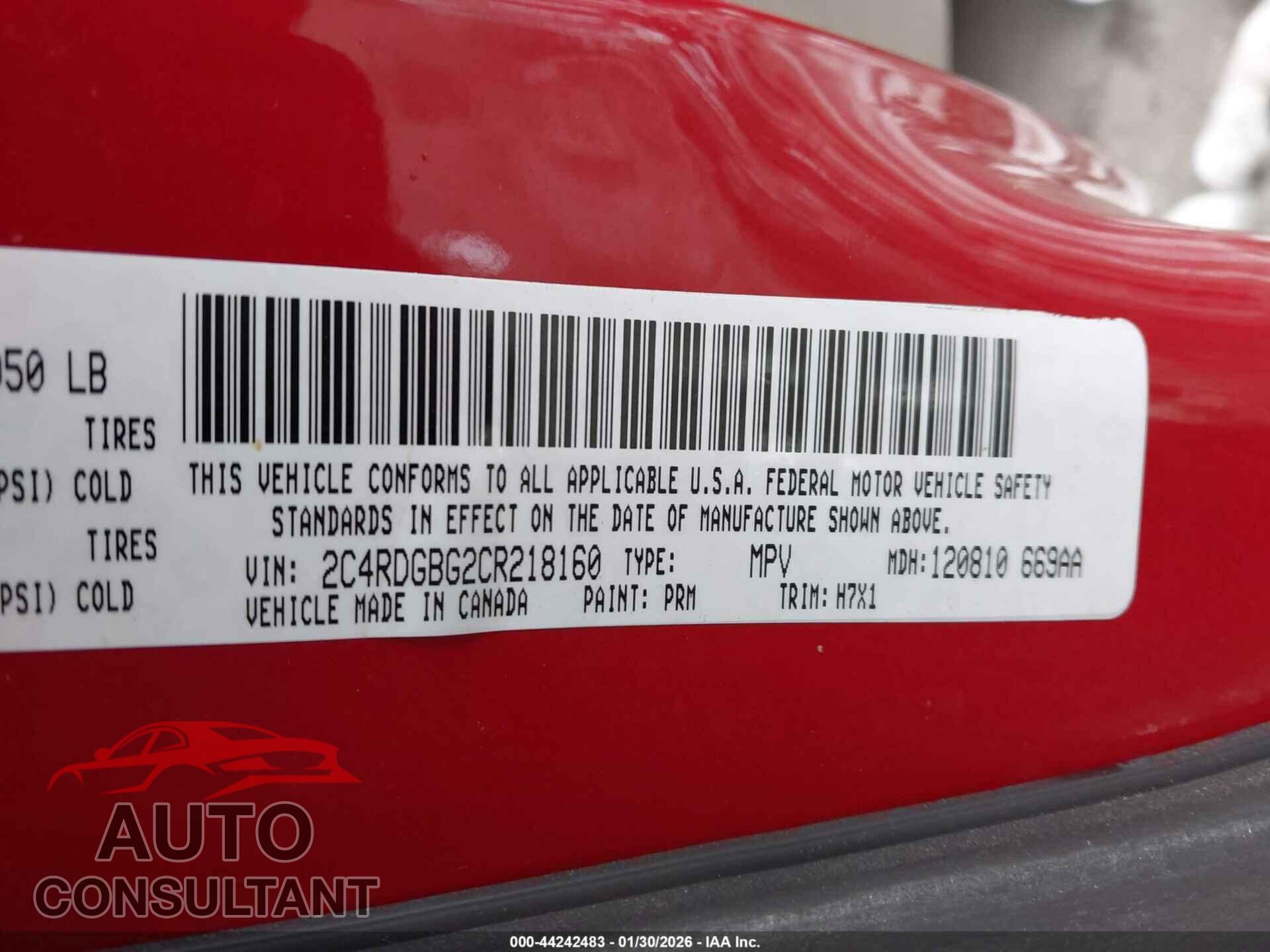 DODGE GRAND CARAVAN 2012 - 2C4RDGBG2CR218160