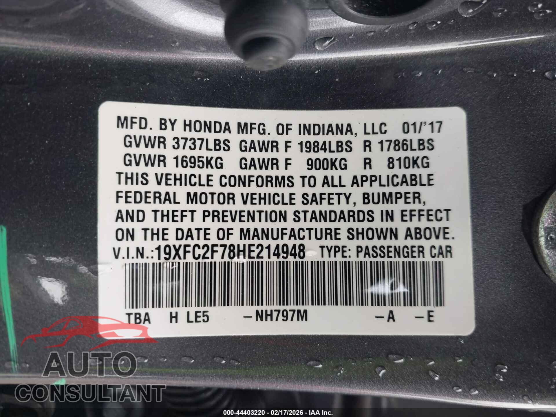 HONDA CIVIC 2017 - 19XFC2F78HE214948