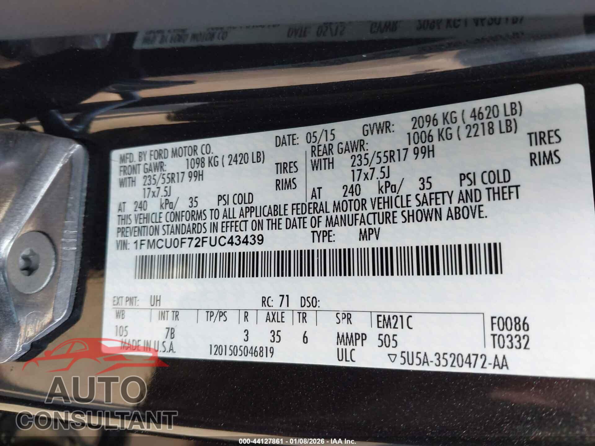 FORD ESCAPE 2015 - 1FMCU0F72FUC43439