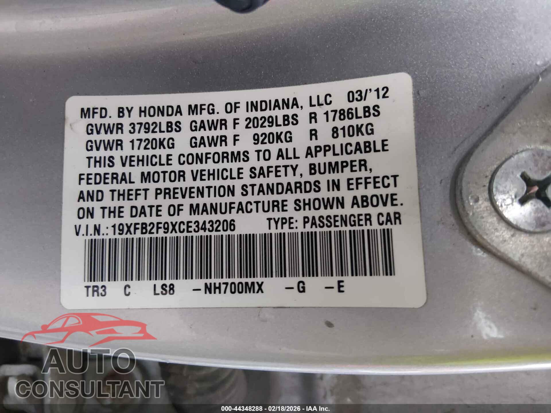 HONDA CIVIC 2012 - 19XFB2F9XCE343206