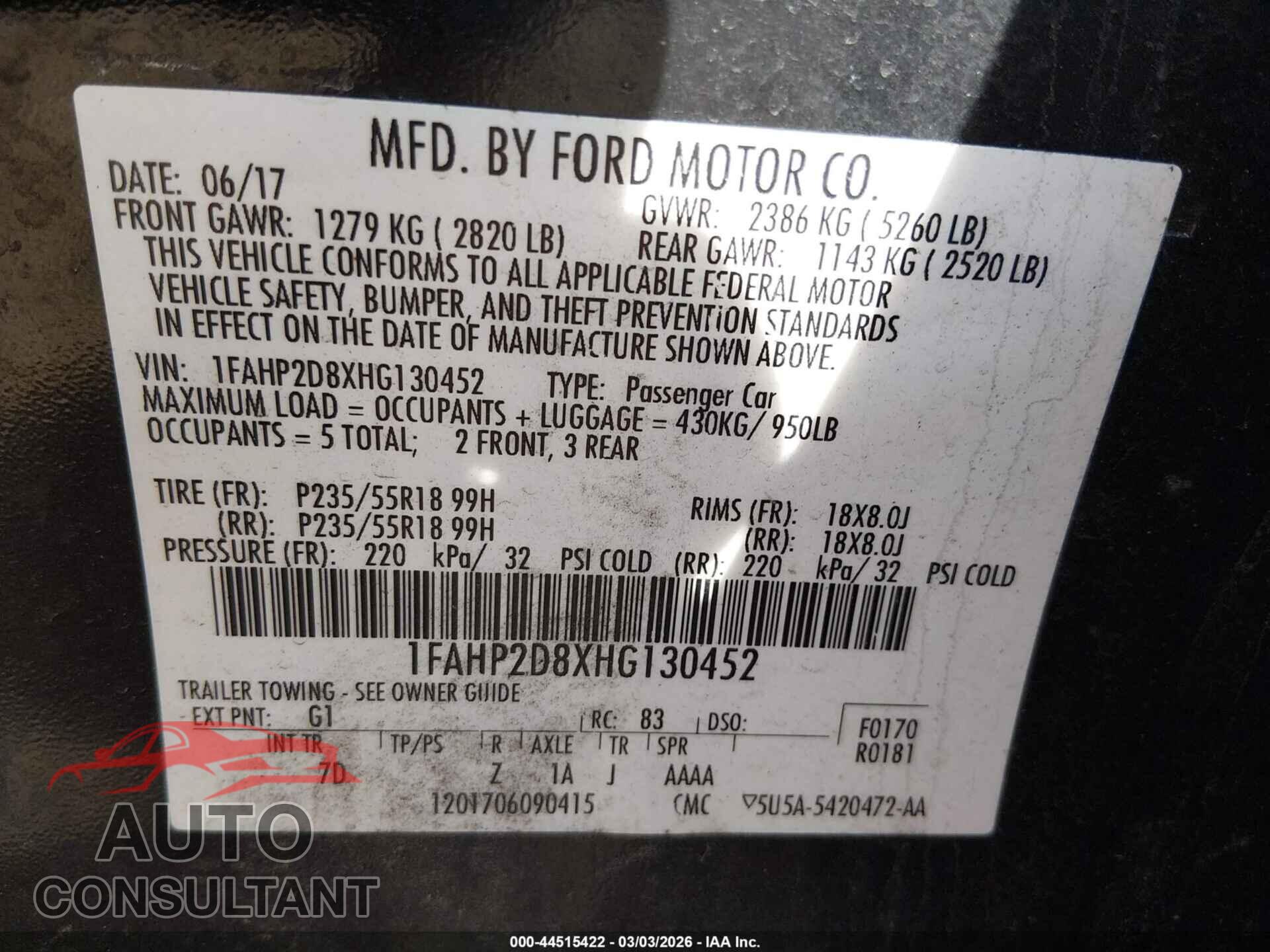FORD TAURUS 2017 - 1FAHP2D8XHG130452