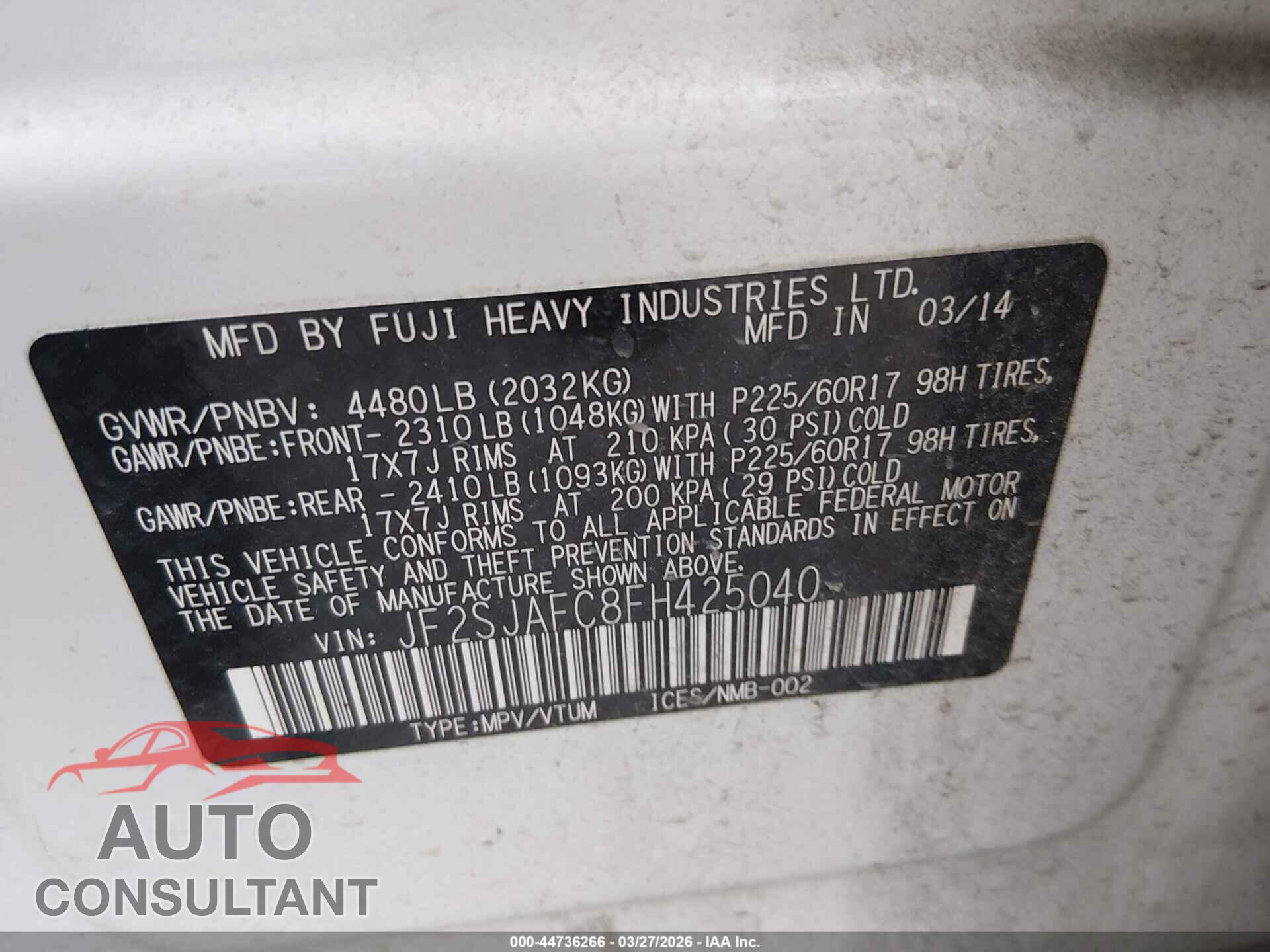 SUBARU FORESTER 2015 - JF2SJAFC8FH425040