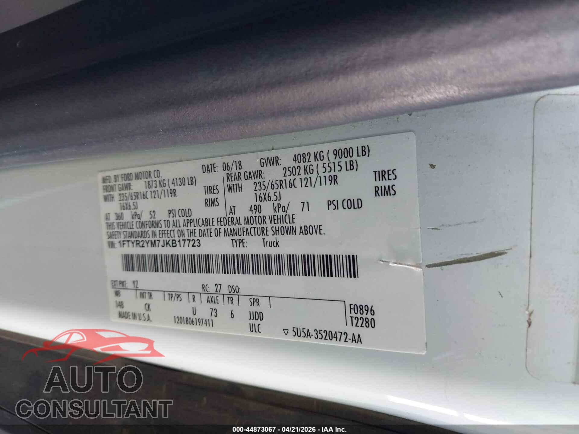 FORD TRANSIT-250 2018 - 1FTYR2YM7JKB17723