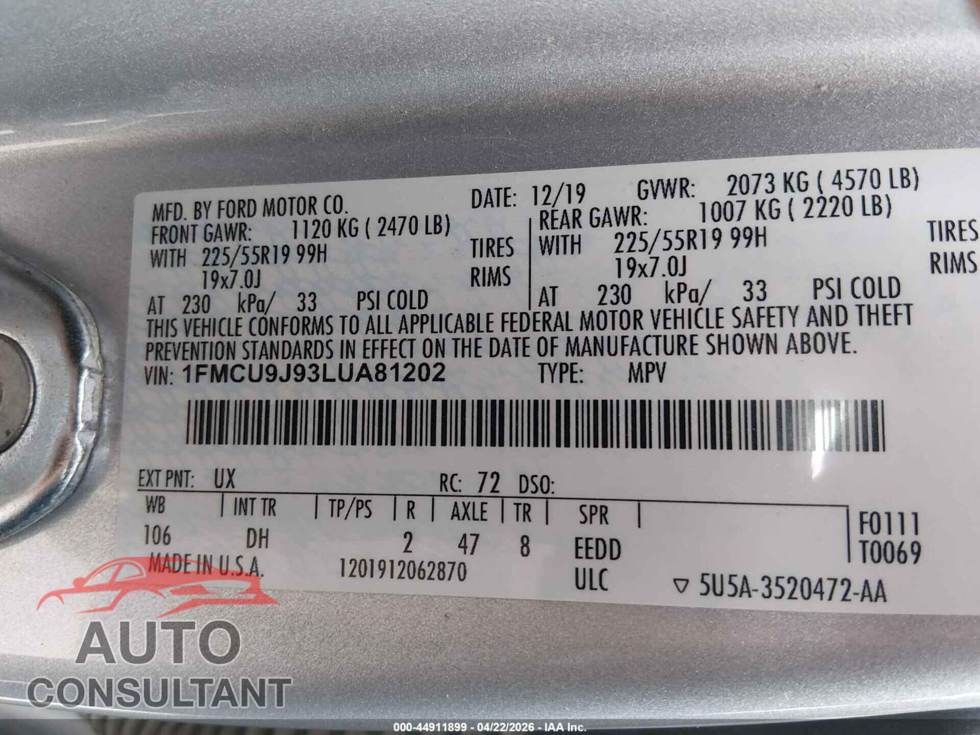 FORD ESCAPE 2020 - 1FMCU9J93LUA81202