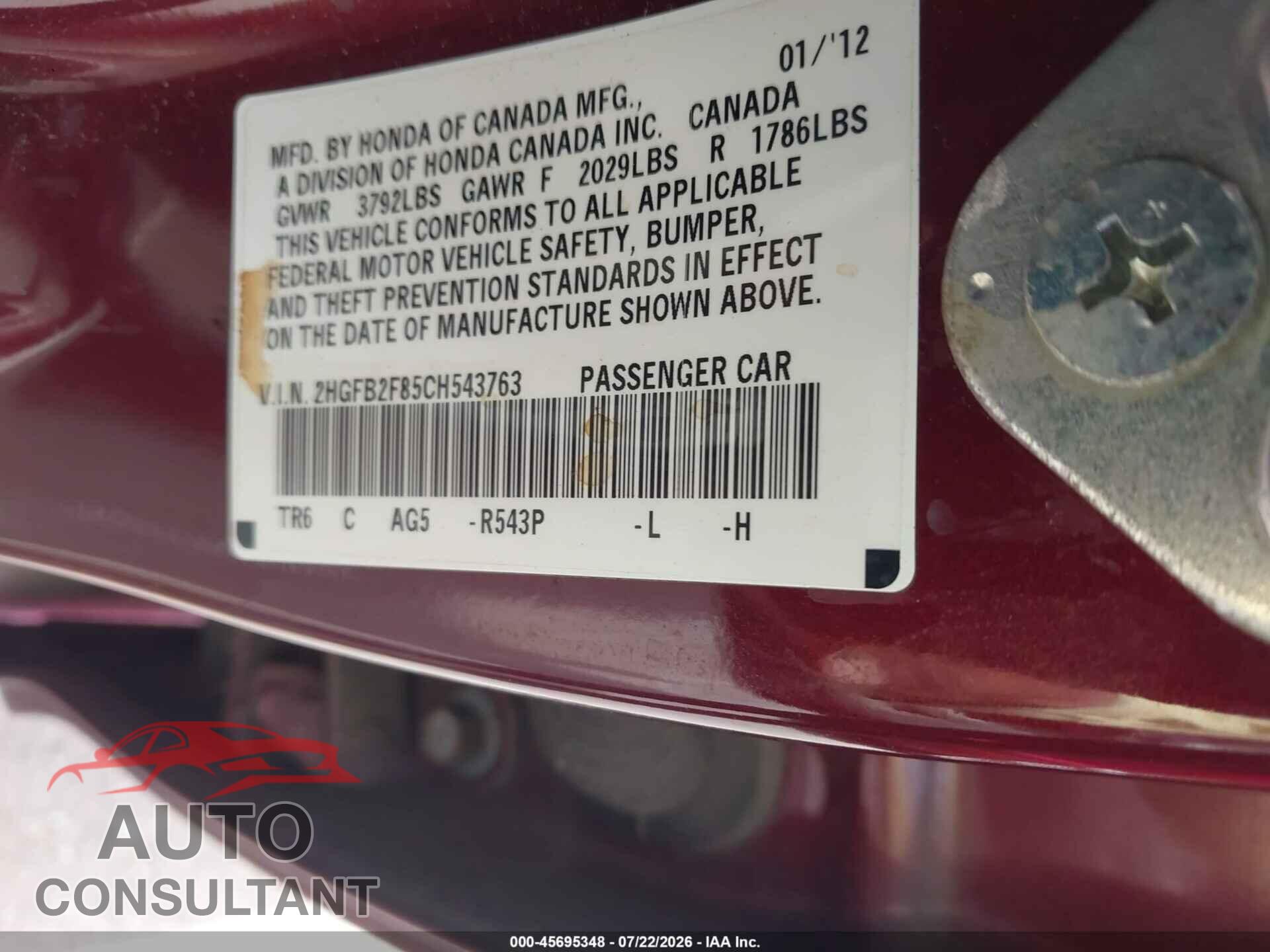 HONDA CIVIC 2012 - 2HGFB2F85CH543763