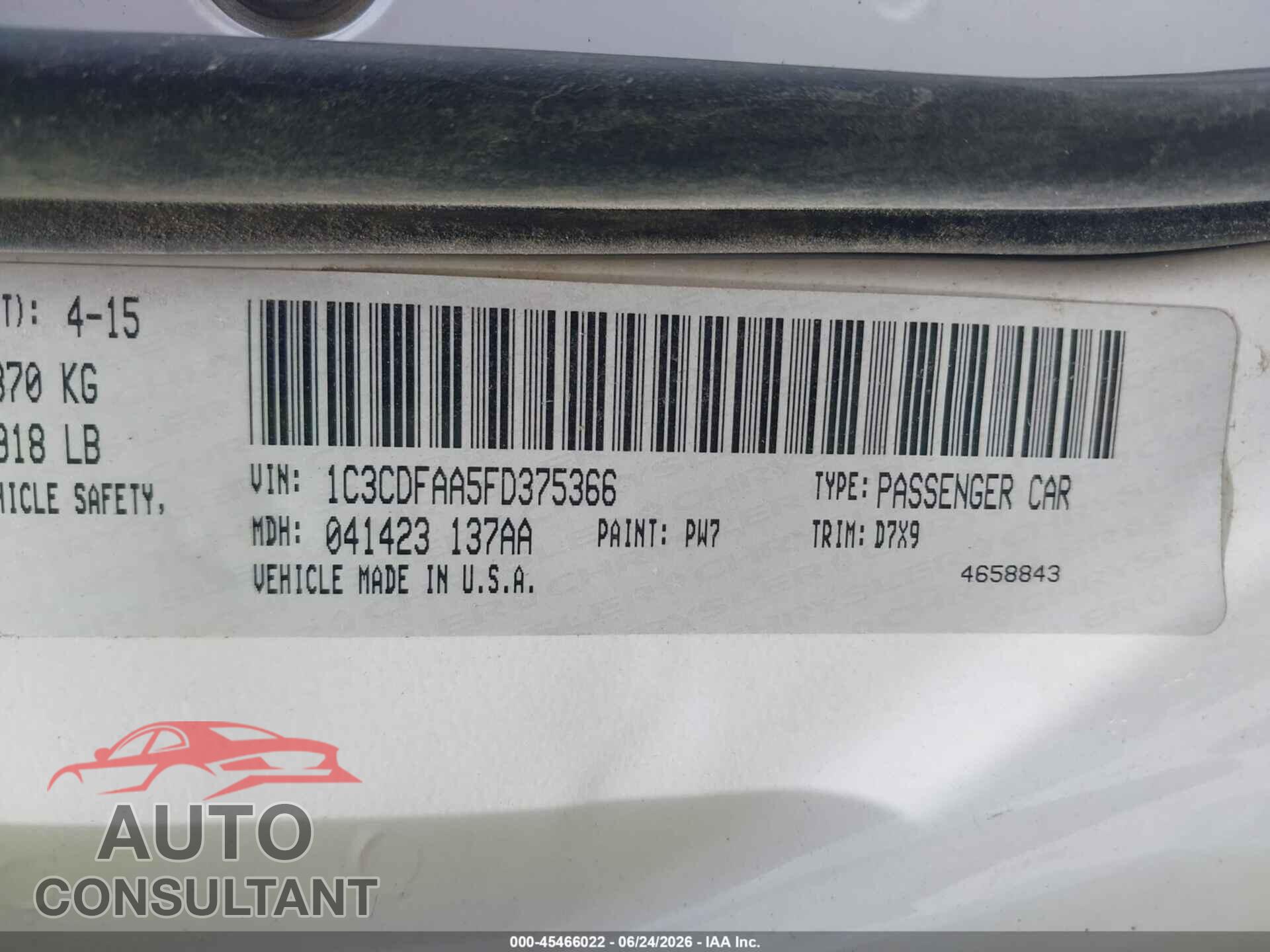 DODGE DART 2015 - 1C3CDFAA5FD375366