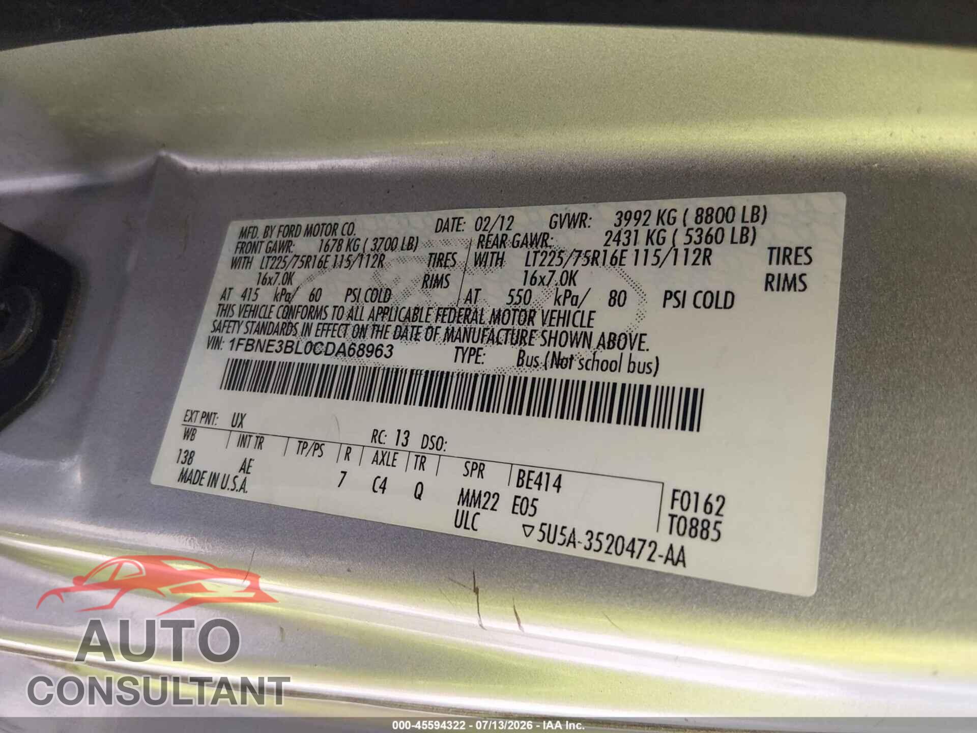 FORD E-350 SUPER DUTY 2012 - 1FBNE3BL0CDA68963