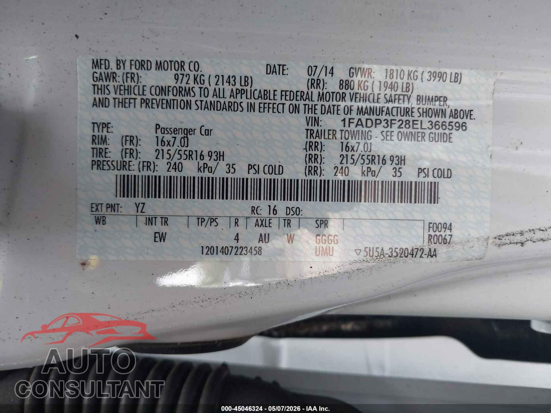 FORD FOCUS 2014 - 1FADP3F28EL366596