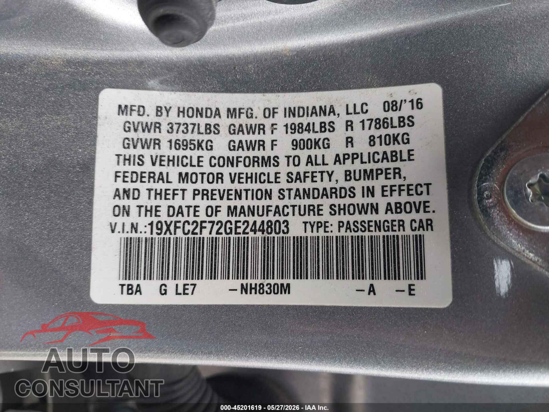 HONDA CIVIC 2016 - 19XFC2F72GE244803