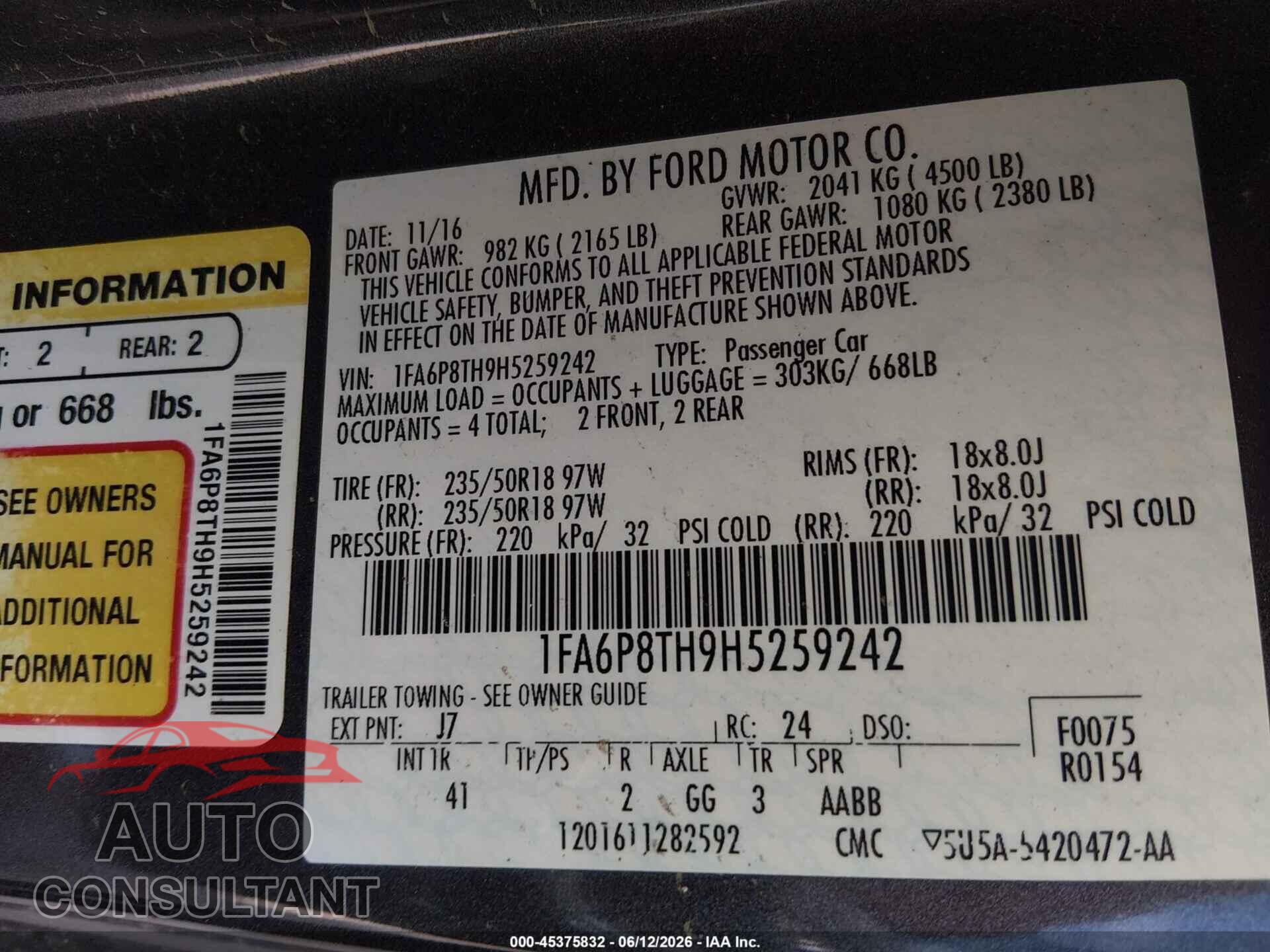 FORD MUSTANG 2017 - 1FA6P8TH9H5259242