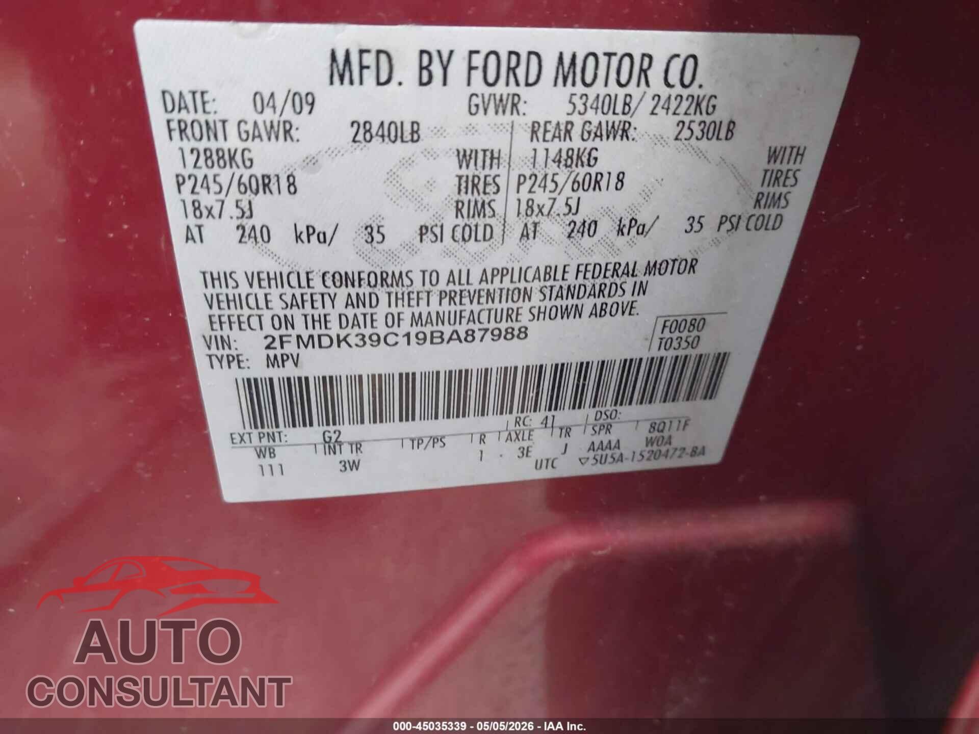 FORD EDGE 2009 - 2FMDK39C19BA87988